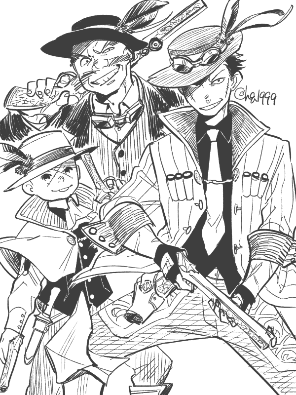 3boys bald batten-chan_(osomatsu-kun) boss_with_education_mother_(osomatsu-kun) cross_scar extra greyscale grin gun hat_feather male_focus monochrome multiple_boys necktie osomatsu-kun osomatsu_(series) popped_collar scar scar_on_face smile tamago_toji tetsu_the_killer_(osomatsu-kun) twitter_username weapon