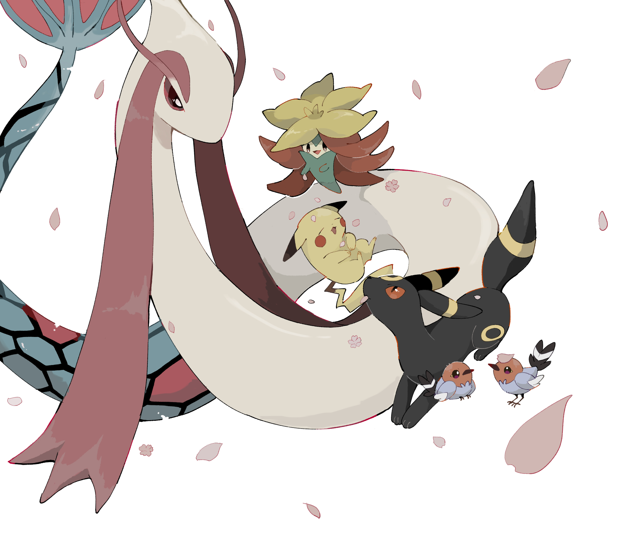 bird closed_eyes falling_petals fletchling gen_1_pokemon gen_2_pokemon gen_3_pokemon gen_6_pokemon gen_8_pokemon gossifleur highres kurosuke_(krsk_8x8x) leaning_back milotic nintendo no_humans petals pikachu pokemon pokemon_(creature) pokemon_focus red_eyes slit_pupils umbreon white_background