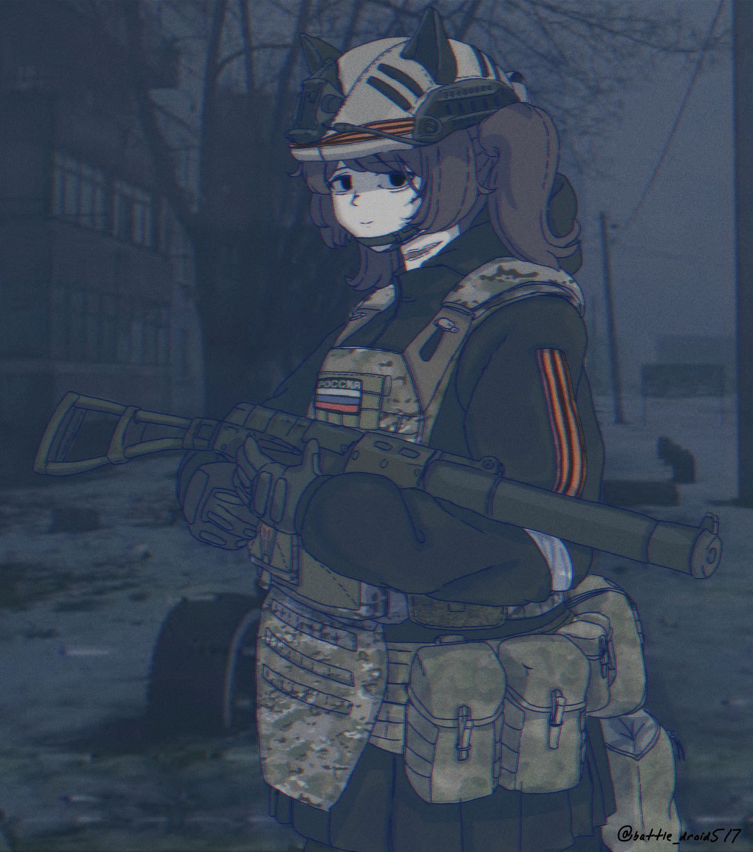 1girl animal_ears apartment as_val assault_rifle b1-517 black_eyes black_hair cat_ears dark fake_animal_ears gloves gun helmet highres kalashnikov_rifle load_bearing_equipment marusha_(b1-517) night original pleated_skirt ribbon_of_saint_george rifle russian_ground_forces russian_flag scar scar_on_neck signature skirt solo track_suit tree twintails weapon