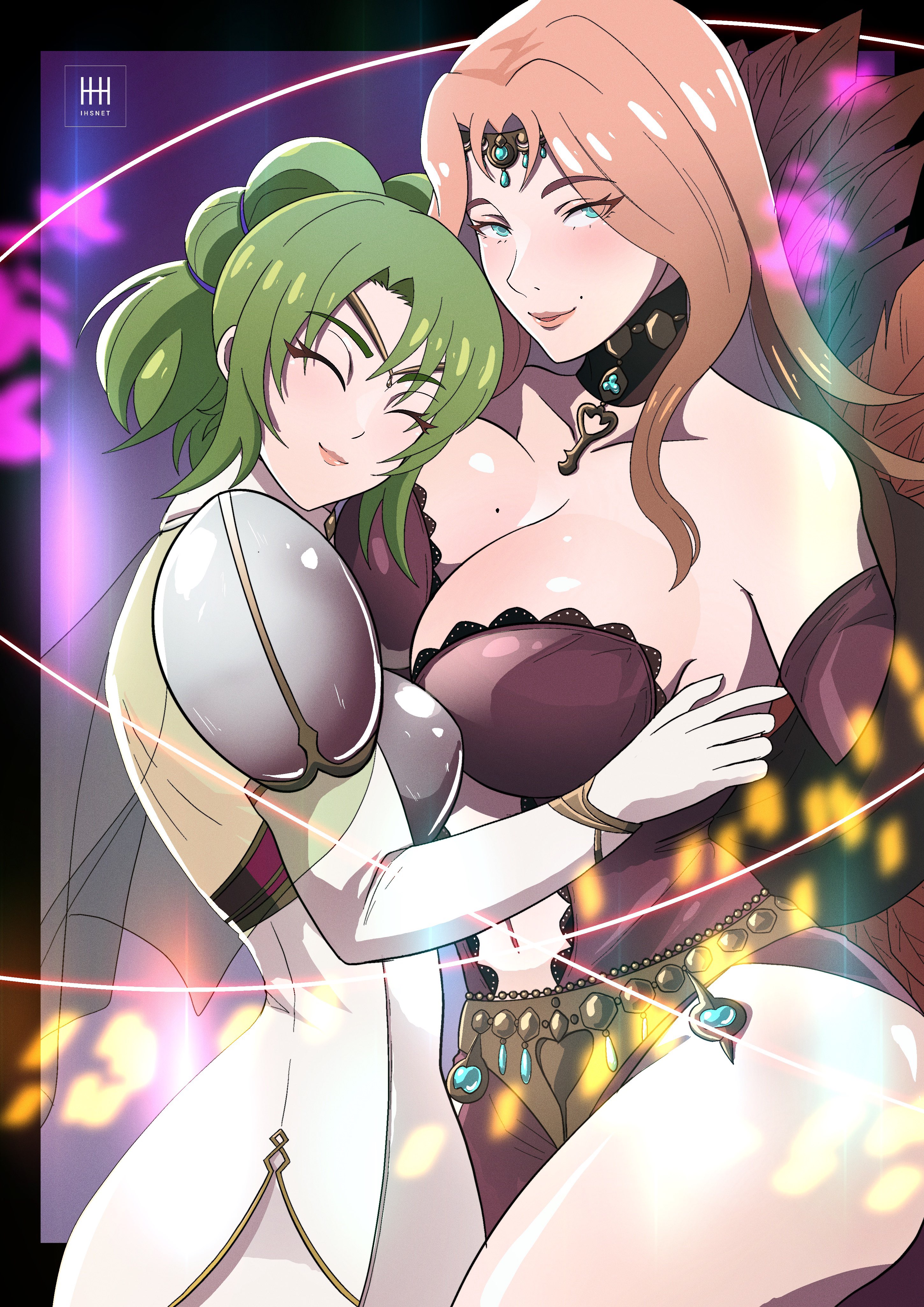 2girls absurdres armor asymmetrical_docking bare_shoulders blue_eyes blush breast_press breasts cape circlet cleavage collarbone commission cornelia_arnim detached_sleeves dress elbow_gloves feather_trim feathers fire_emblem fire_emblem:_the_sacred_stones fire_emblem:_three_houses gloves green_hair head_on_chest highres holding_to_chest ihsnet jewelry key key_necklace l'arachel_(fire_emblem) large_breasts long_hair looking_at_viewer magic mature_female medium_breasts mole mole_above_mouth mole_on_breast multiple_girls navel necklace nintendo pink_hair plunging_neckline ponytail side_slit smile thighs white_gloves yuri
