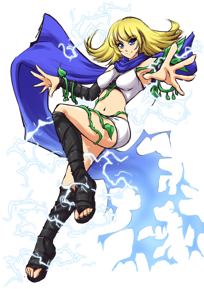 1girl blonde_hair blue_eyes blue_scarf breasts electricity full_body kid_icarus kid_icarus_uprising looking_at_viewer mazume medium_breasts midriff navel nintendo phosphora plant scarf shorts solo vines white_background white_shorts