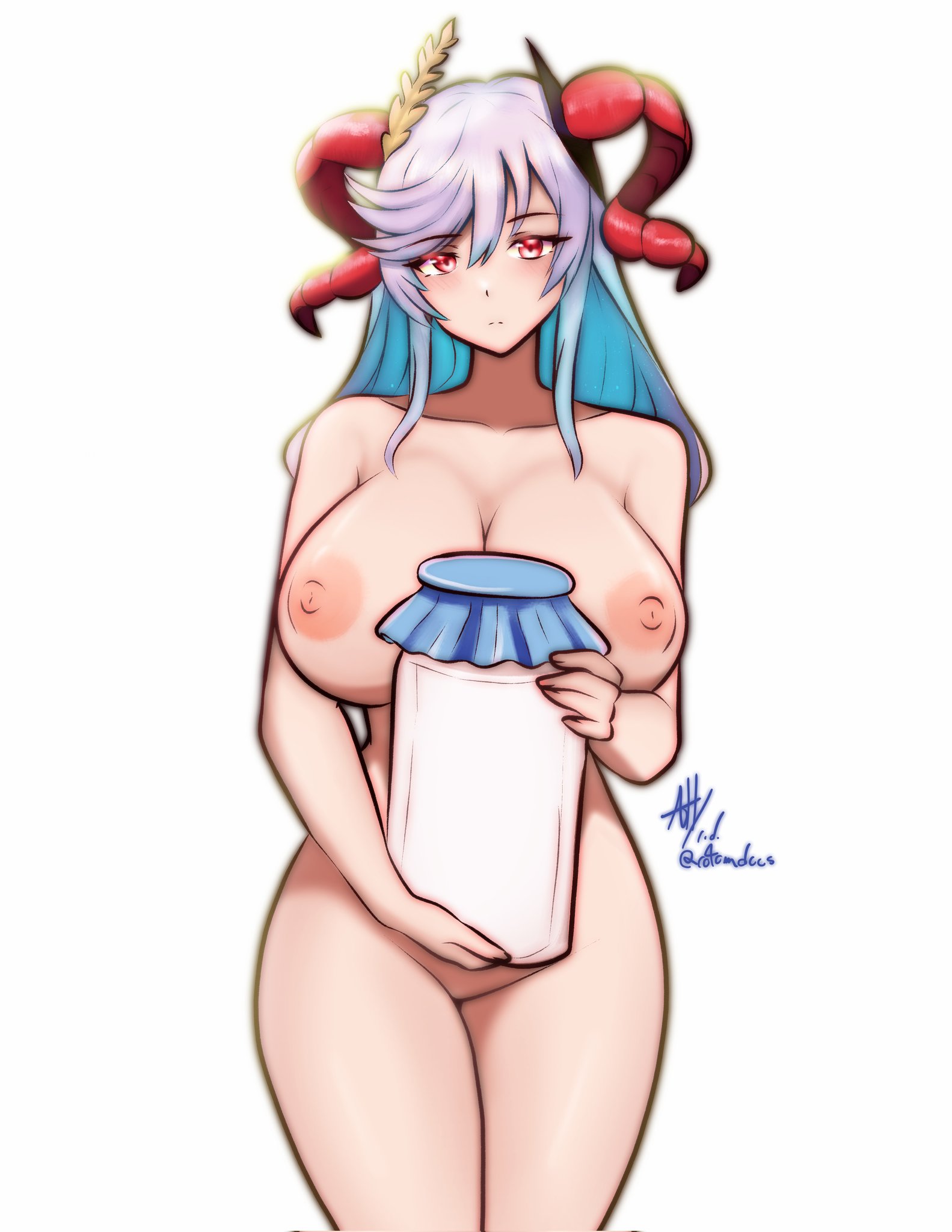 1girl blue_hair bottle breasts closed_mouth colored_inner_hair commentary completely_nude curled_horns english_commentary fire_emblem fire_emblem_heroes flower freyja_(fire_emblem) goat_girl grey_hair highres holding holding_bottle horns huge_breasts laurels long_hair looking_at_viewer mature_female milk milk_bottle multicolored_hair nintendo nipples no_pussy nude red_eyes red_horns rotomdocs simple_background solo standing two-tone_hair white_background