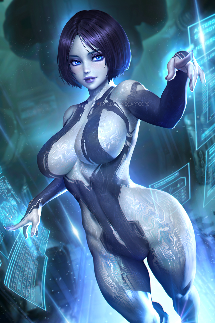 1girl black_hair blue_eyes blurry blurry_background breasts circuit colored_skin commentary cortana english_commentary grey_nails grey_skin halo_(series) halo_4 highres hologram holographic_interface holographic_touchscreen large_breasts navel neoartcore paid_reward_available patreon_username purple_lips short_hair solo wide_hips