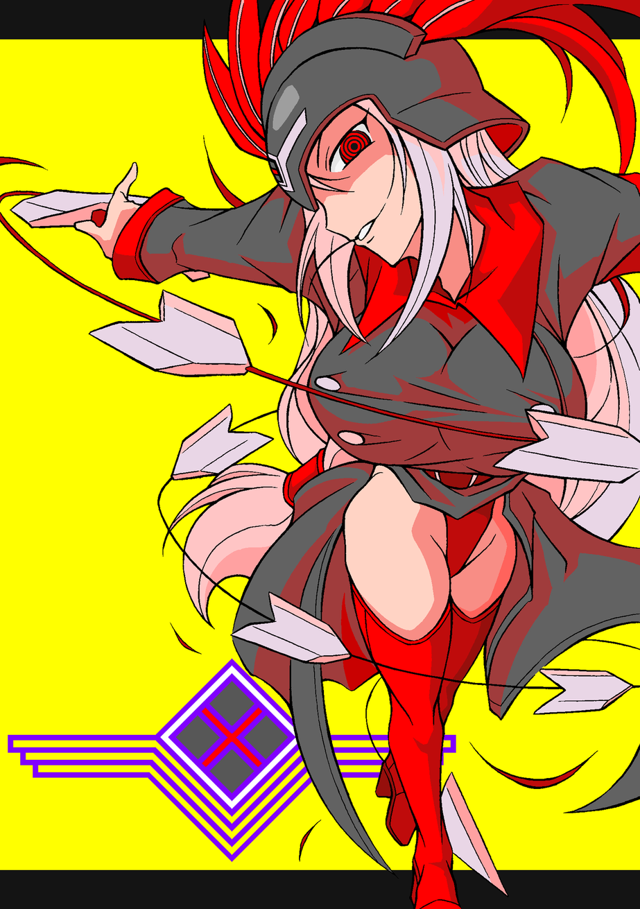 1girl 2012 akatsuki_blitzkampf armband belt black_dress dress en-eins_kanzen_sekai feathers full_body helmet highres holding holding_sword holding_weapon long_hair low-tied_long_hair no_pants panties red_belt red_eyes red_panties ringed_eyes shaded_face solo sword underwear valkyria_(akatsuki_en-eins) weapon whip_sword white_hair yellow_background yoshitsuki