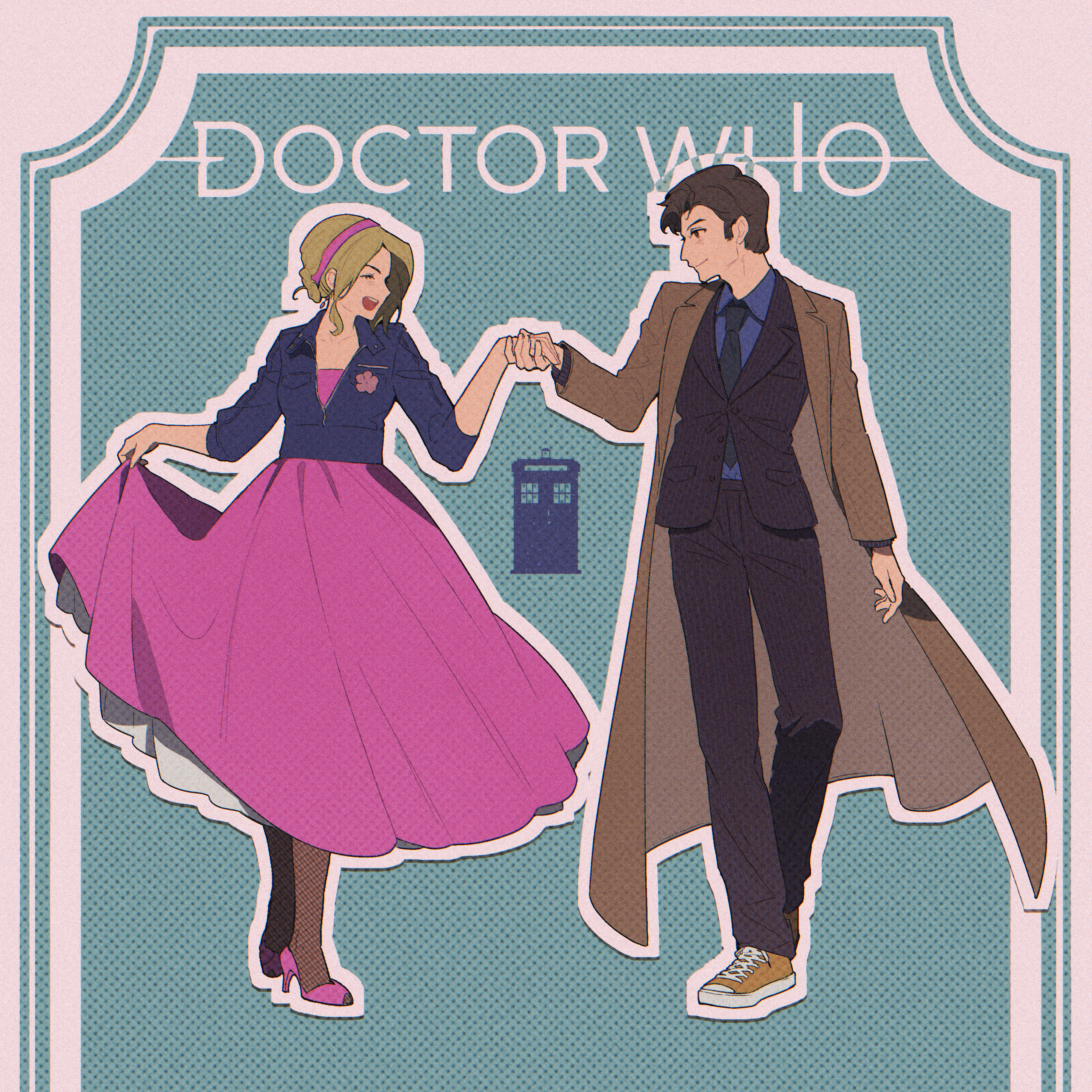 1boy 1girl ^_^ absurdres black_jacket black_necktie black_pants black_suit blonde_hair blue_jacket blue_shirt brown_coat brown_hair brown_shoes closed_eyes coat collared_shirt copyright_name doctor_who dress earrings fishnet_pantyhose fishnets formal_clothes full_body hairband high_heels highres holding_hands jacket jewelry necktie open_clothes open_coat open_mouth pants pantyhose partially_unzipped pink_dress pink_hairband pink_shoes pinstripe_jacket pinstripe_pants pinstripe_pattern pudding49500 rose_tyler shirt shirt_tucked_in shoelaces shoes short_hair skirt_hold smile sneakers standing suit suit_jacket tardis tenth_doctor_(doctor_who) the_doctor_(doctor_who) three-quarter_sleeves very_short_hair zipper