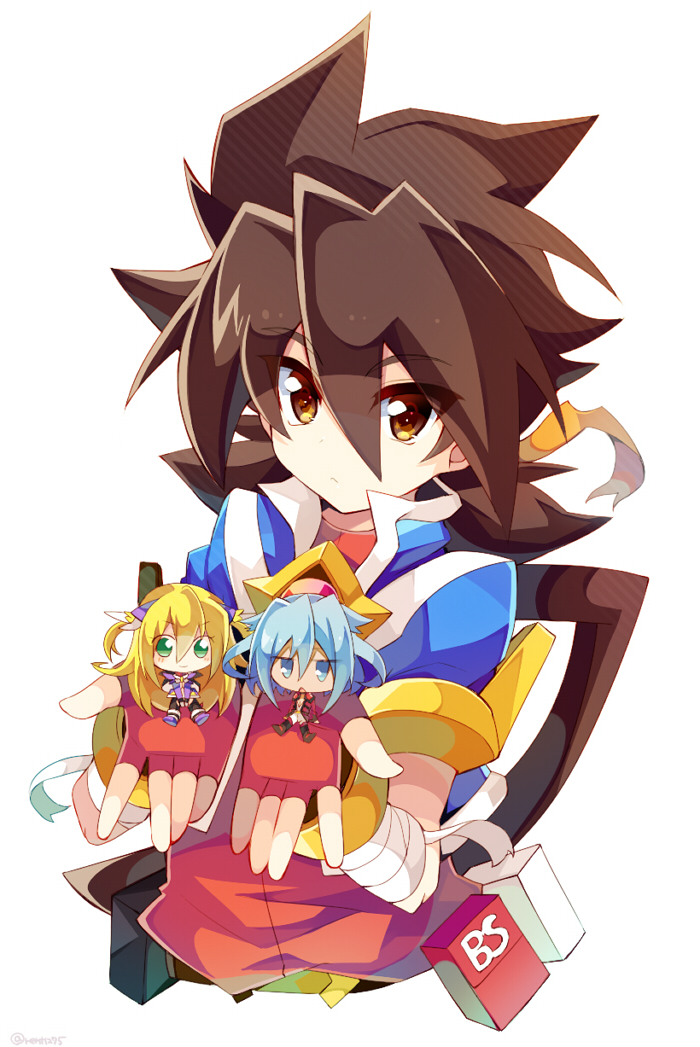 1girl 2boys ake_no_hoshi_no_elise bandages bandaged_arm blonde_hair blue_jacket brown_eyes brown_hair chibi fingerless_gloves gloves green_eyes ichibanboshi_no_rei jacket jitome looking_at_viewer multiple_boys orange_ribbon red_gloves red_shirt rento_(rukeai) ribbon saikyou_ginga_ultimate_zero_~battle_spirits~ shirt short_sleeves grey_eyes silver_hair simple_background white_background