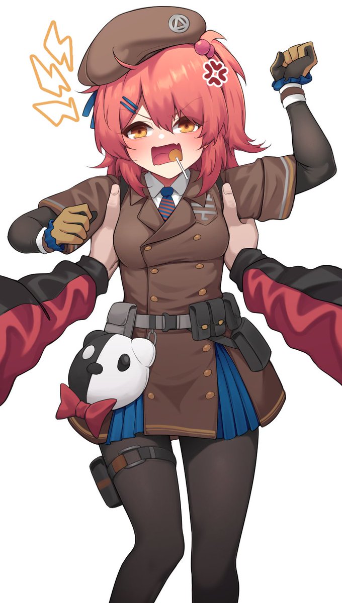 1girl act_(xadachit) anger_vein angry animal_bag beret black_pantyhose brown_hair brown_hat candy cheeta_(girls&#039;_frontline_2) clenched_hand fang food girls&#039;_frontline girls&#039;_frontline_2:_exilium hair_ornament hairpin hat highres lifting_person lollipop looking_at_viewer mp7_(girls&#039;_frontline) multiple_hairpins panda_bag pantyhose pouch pov size_difference skin_fang thigh_pouch