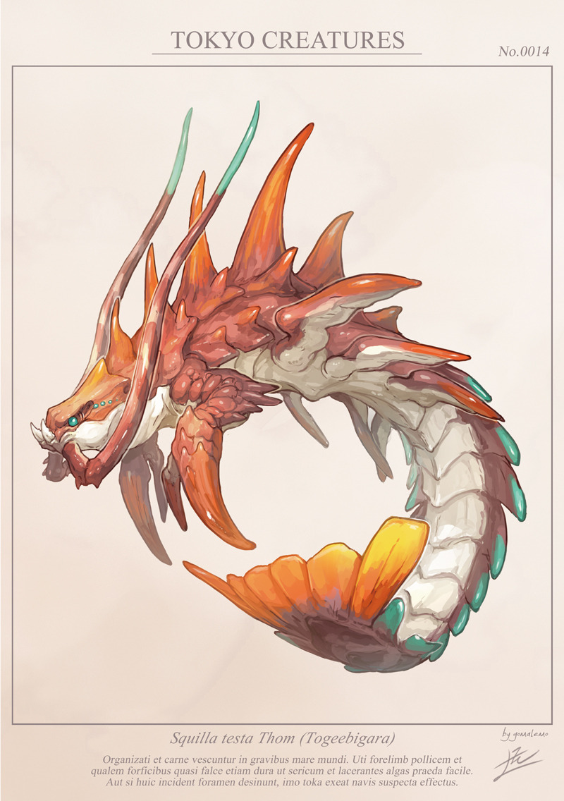 animal_focus blue_eyes from_side full_body inset_border latin_text monster no_humans original profile shrimp_tail simple_background solo spikes tail tusks yamamura_le yellow_background