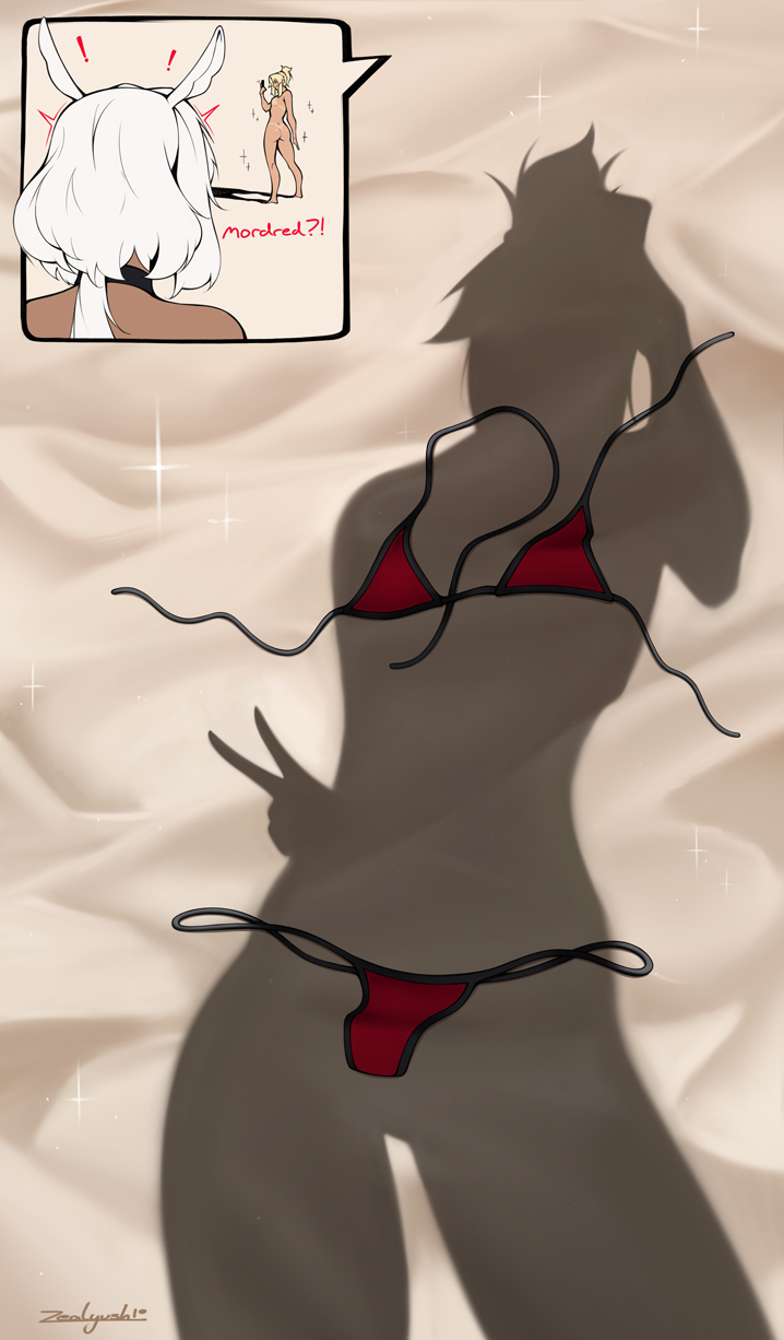 ! 2girls animal_ears artist_name ass bare_shoulders beach bikini bikini_tan blonde_hair breasts caenis_(fate) cellphone clothed_female_nude_female commentary completely_nude dark-skinned_female dark_skin day dressed_shadow_(meme) english_commentary english_text exhibitionism fate/grand_order fate_(series) feet female_focus full_body highres holding holding_phone horse_ears inset long_hair looking_at_another medium_breasts mordred_(fate) mordred_(fate/apocrypha) mordred_(swimsuit_rider)_(fate) multiple_girls nude outdoors phone ponytail public_indecency red_bikini sand selfie shadow sidelocks signature silhouette smartphone sparkle standing string_bikini surprised swimsuit taking_picture tan tanline thong_bikini unworn_bikini v walk-in watermark white_hair zealyush