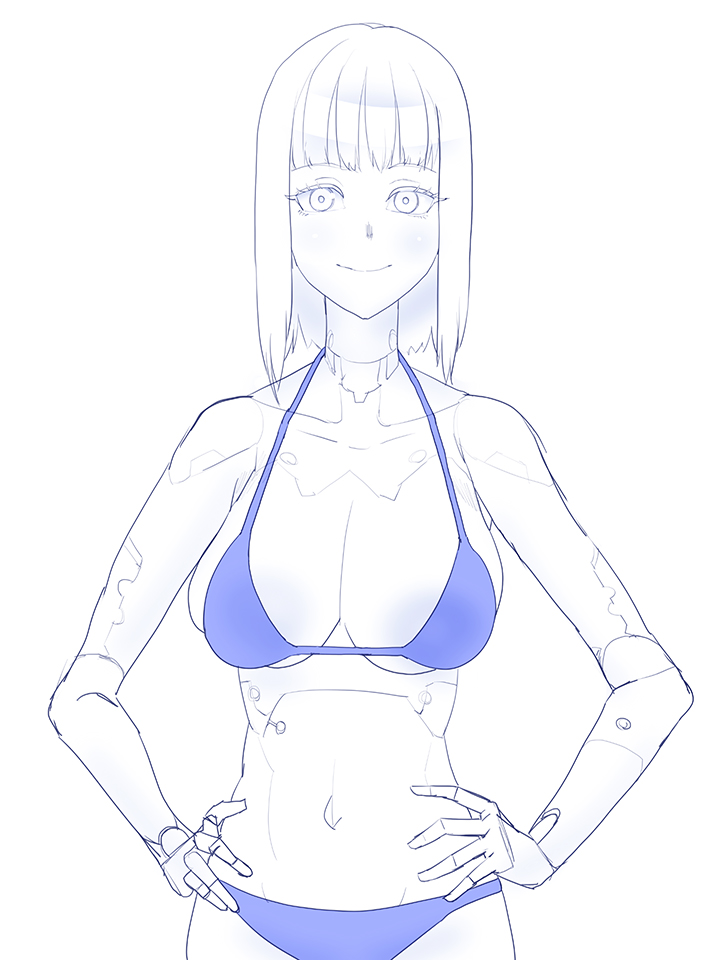 1girl android artist_request bikini blame! blue_bikini breasts cibo cleavage closed_mouth cyberpunk cyborg joints large_breasts looking_at_viewer medium_hair pale_skin robot_joints simple_background smile solo standing swimsuit white_background white_hair