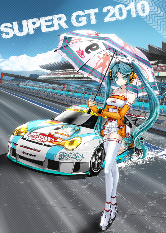 1girl 218 aqua_eyes aqua_hair bad_id bad_pixiv_id car elbow_gloves female_focus fingerless_gloves full_body gloves goodsmile_company hatsune_miku headphones headset long_hair motor_vehicle outdoors porsche porsche_911 porsche_996 race_queen racing_miku shorts sky smile solo super_gt thighhighs twintails umbrella vehicle_focus very_long_hair vocaloid zettai_ryouiki