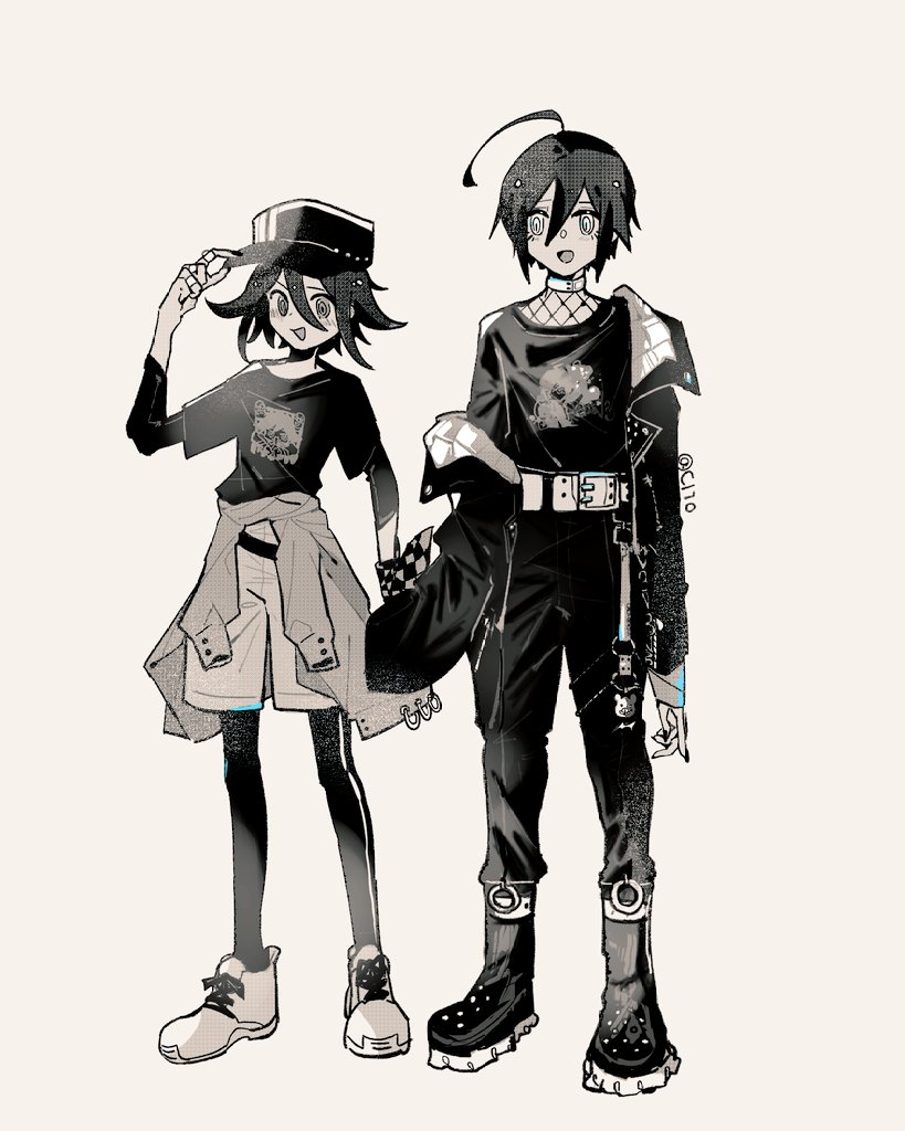 2boys ahoge belt blush cha_c170 checkered_clothes choker clothes_around_waist danganronpa_(series) danganronpa_v3:_killing_harmony fishnet_top fishnets flipped_hair full_body greyscale hair_between_eyes hat jacket layered_sleeves leggings leggings_under_shorts long_sleeves male_focus monochrome multiple_boys o-ring_strap off_shoulder official_alternate_costume oma_kokichi open_clothes open_jacket open_mouth pants peaked_cap print_shirt ringed_eyes saihara_shuichi shirt short_hair short_over_long_sleeves short_sleeves shorts standing studded_footwear twitter_username white_background white_choker white_shorts white_sneakers