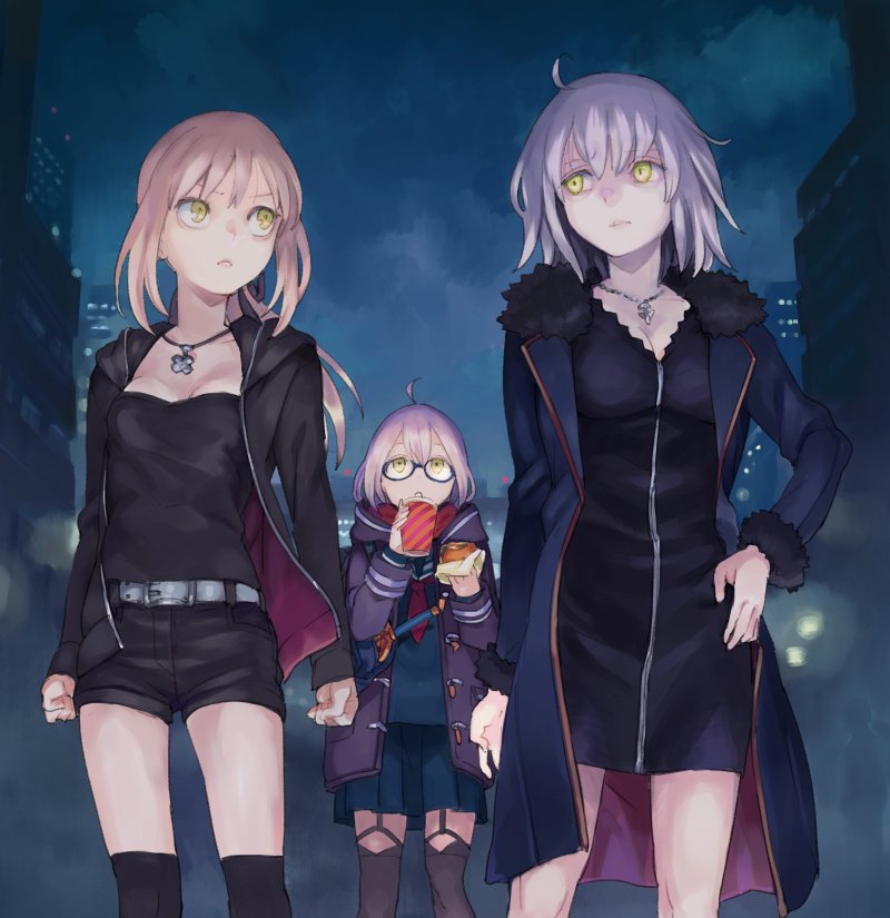 3girls ahoge artoria_pendragon_(fate) belt black_dress blonde_hair breasts burger cleavage clenched_hand coat commentary dark_persona dress drinking excalibur_(fate/stay_night) excalibur_(mythology) fate_(series) food fur_trim glasses grey_hair hand_on_own_hip hood hooded_jacket jacket jeanne_d&#039;arc_(fate) jeanne_d&#039;arc_(ruler)_(fate) jeanne_d&#039;arc_alter_(avenger)_(fate) jeanne_d&#039;arc_alter_(fate) jeanne_d&#039;arc_alter_(ver._shinjuku_1999)_(fate) jewelry looking_at_another multiple_girls mysterious_heroine_x_(fate) mysterious_heroine_x_alter_(fate) mysterious_heroine_x_alter_(first_ascension)_(fate) night official_alternate_costume red_scarf saber_(fate) saber_alter saber_alter_(ver._shinjuku_1999) saber_alter_(ver._shinjuku_1999)_(fate) scarf school_uniform semi-rimless_eyewear shorts thighhighs urayamashiro_(artist) yellow_eyes