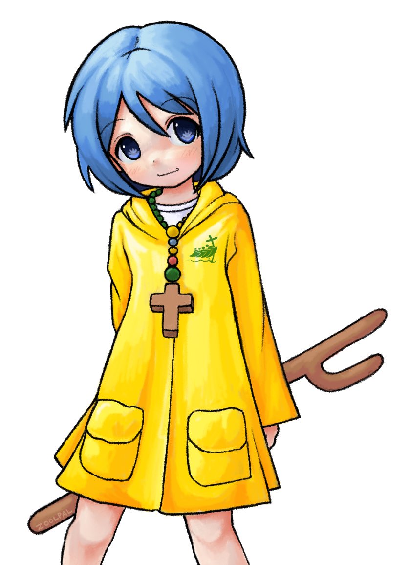 1girl arms_behind_back bead_necklace beads blue_eyes blue_hair blush bob_cut cane closed_mouth commentary cowboy_shot cross cross_necklace english_commentary hair_between_eyes holding holding_cane hood hood_down jewelry jubilee_2025 latin_cross light_blush long_sleeves luce_(jubilee_2025) necklace raincoat rosary shirt short_hair simple_background smile solo symbol-shaped_pupils white_background white_shirt yellow_raincoat zoolpal