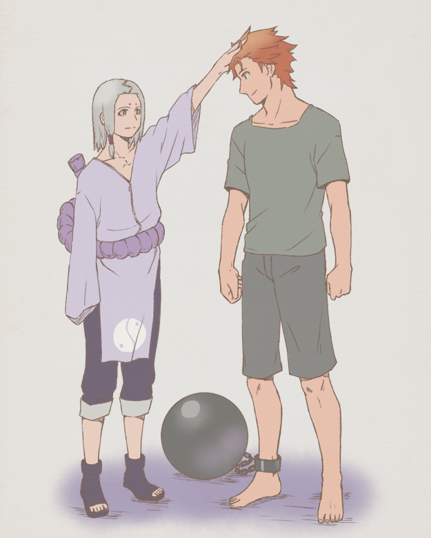 ball_and_chain_restraint barefoot cuffed grey_hair height_difference juugo_(naruto) kimimaro looking_at_another makidumei multiple_boys naruto_(series) naruto_shippuuden orange_hair petting rope_belt short_pants short_sleeves shorts smile spiked_hair