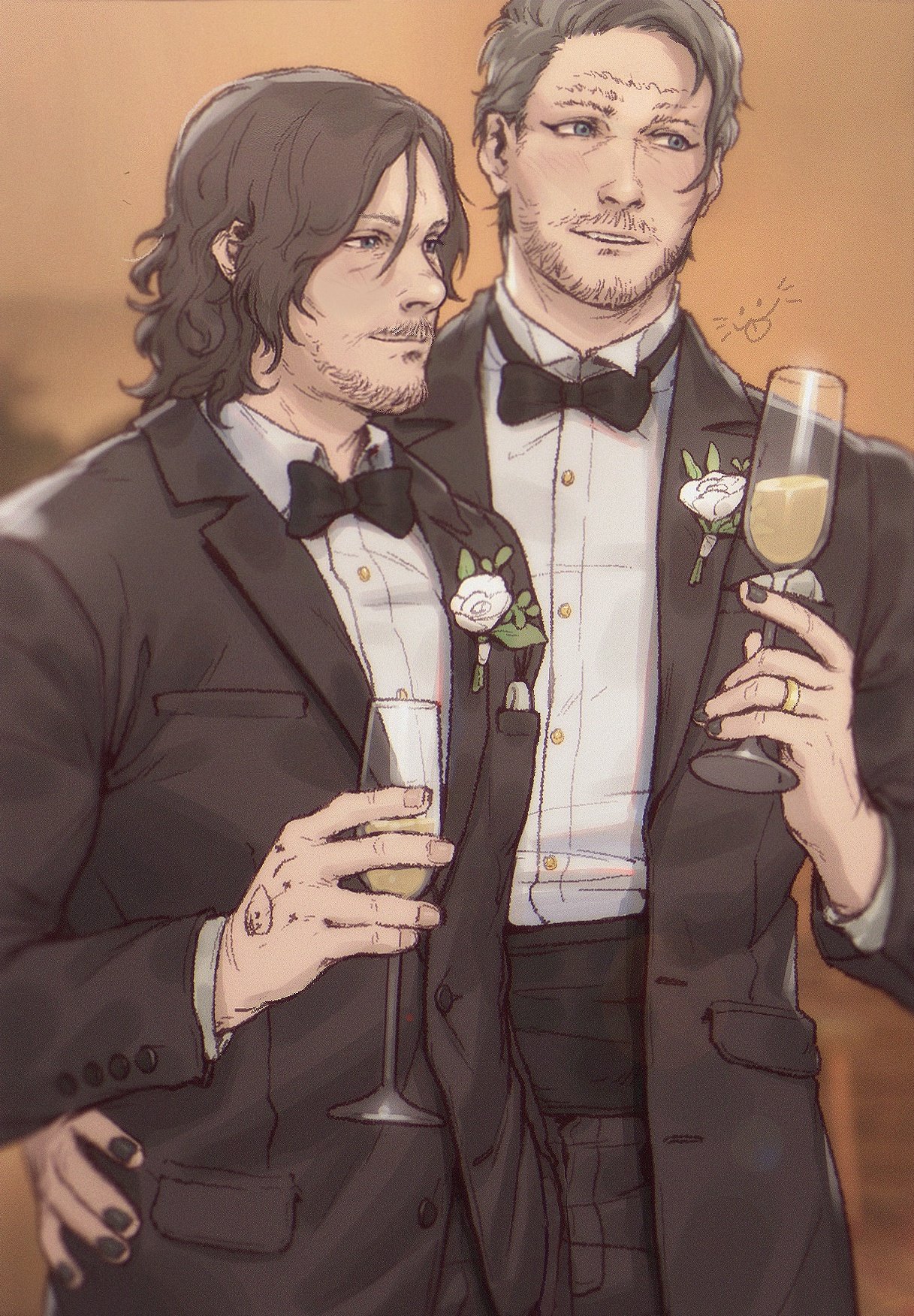 2boys black_bow black_bowtie black_hair black_jacket black_nails black_pants blue_eyes bow bowtie closed_mouth collared_shirt cup death_stranding flower grey_hair hamms_hamss higgs_(death_stranding) highres holding holding_cup jacket jewelry male_focus multiple_boys nail_polish open_clothes open_jacket pants ring rose sam_porter_bridges shirt short_hair smile white_flower white_rose white_shirt