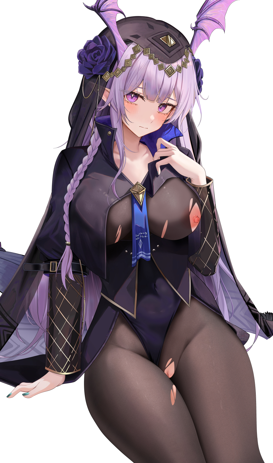 1girl arknights black_bodysuit blush bodysuit braid breast_curtains breasts closed_mouth covered_navel cowboy_shot flower green_nails hair_flower hair_ornament head_wings high_collar highres invisible_chair large_breasts long_hair long_sleeves looking_at_viewer manticore_(arknights) manticore_(under_a_veil)_(arknights) nail_polish nipples official_alternate_costume pantyhose pointy_ears purple_eyes purple_flower purple_hair pussy ru_zhai sidelocks simple_background sitting solo thighs torn_bodysuit torn_clothes white_background wings