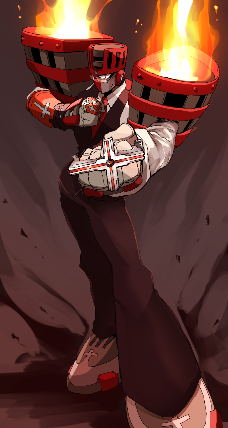 1boy alternate_costume brass_knuckles commentary_request cosplay crossover fire glasses harvest88 highres kekkai_sensen klaus_von_reinhertz klaus_von_reinhertz_(cosplay) looking_at_viewer male_focus mega_man_(classic) mega_man_(series) mega_man_11 necktie no_humans no_mouth pants red_eyes shirt solo torch_man vest weapon white_shirt