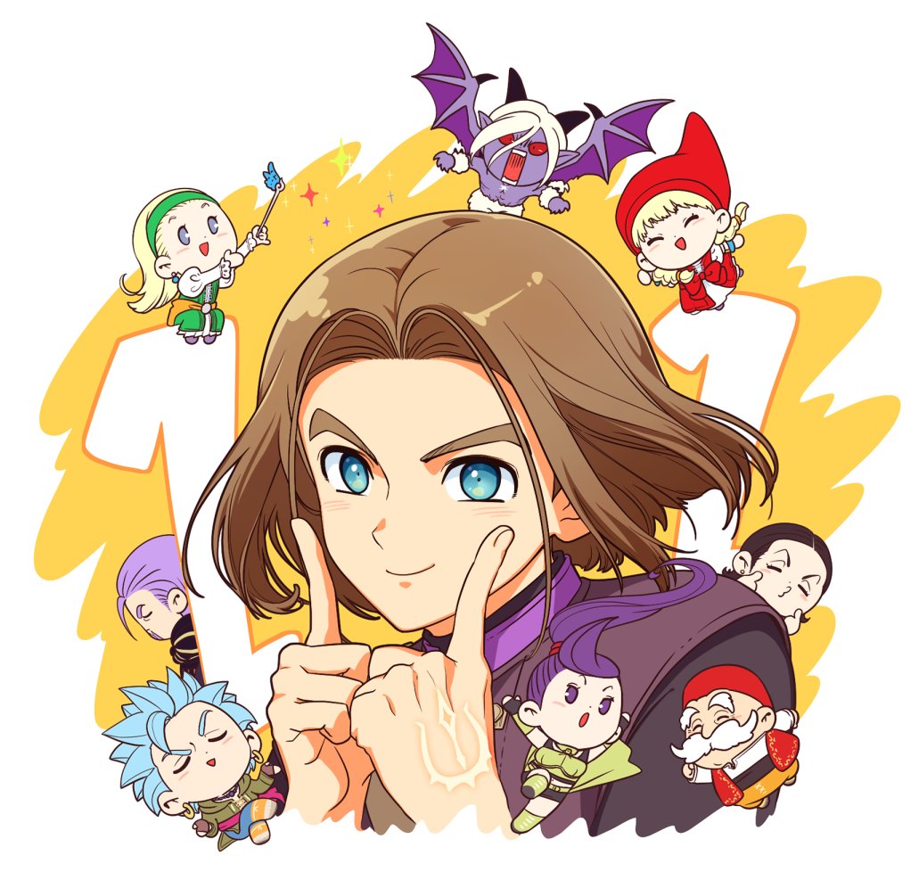 4girls 5boys black_hair blonde_hair blue_eyes blue_hair brown_hair camus_(dq11) chibi closed_eyes closed_mouth colored_skin demon demon_horns demon_wings dragon_quest dragon_quest_xi facial_hair finger_to_face green_headband greig_(dq11) headband hero_(dq11) horns long_hair martina_(dq11) medium_hair multiple_boys multiple_girls mustache old old_man open_mouth parted_bangs pointy_hat ponytail purple_hair purple_skin red_eyes red_headwear row_(dq11) senya_(dq11) short_hair smile spiked_hair straight_hair sylvia_(dq11) tnp upper_body veronica_(dq11) white_hair wings