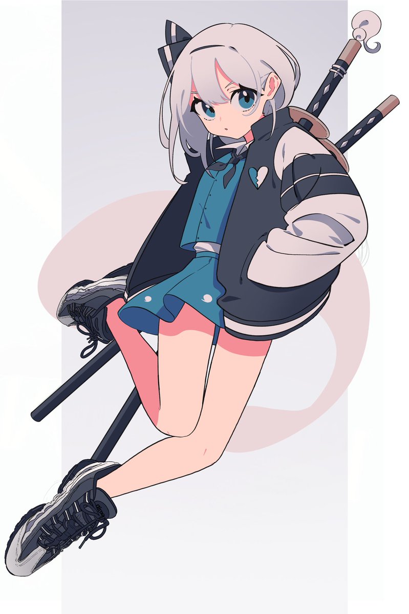 1girl :o alternate_costume aqua_eyes aqua_shirt aqua_skirt bad_id bad_twitter_id black_shoes casual commentary contemporary full_body grey_hair grey_jacket grey_ribbon grey_shoes hair_ribbon hand_in_jacket highres jacket konpaku_youmu konpaku_youmu_(ghost) long_sleeves looking_at_viewer medium_hair miniskirt multicolored_jacket multicolored_shoes open_clothes open_jacket open_mouth ribbon shirt shoes skirt sneakers streetwear sword touhou tsumaseu weapon white_jacket