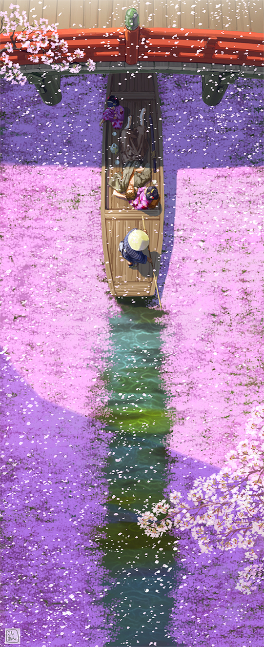 2boys 2girls alcohol ambiguous_gender architecture arm_pillow black_hair boat bottle branch bridge brown_hair cherry_blossoms commentary_request cup day east_asian_architecture from_above hat highres japanese_clothes kimono kosian lap_pillow lying multiple_boys multiple_girls nihongami oar obi oiran on_back original outdoors petals petals_on_liquid pink_kimono rice_hat river sakazuki sash scabbard scenery seiza shade sheath signature sitting soaking_hands standing striped_clothes striped_kimono sunlight vertical_stripes water watercraft wide_shot wooden_bridge