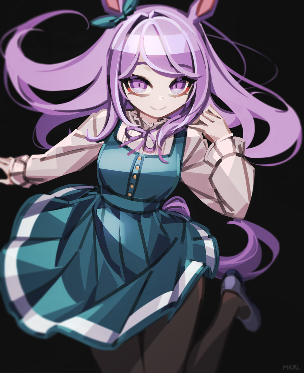 1girl animal_ears artist_name black_background black_pantyhose blue_dress blue_eyes blue_ribbon blue_shoes breasts closed_mouth collared_shirt dress floating_hair grey_hair hand_up highres horse_ears horse_girl long_hair long_sleeves looking_at_viewer makaroll medium_breasts mejiro_mcqueen_(umamusume) neck_ribbon pantyhose pleated_dress ribbon shirt shoes simple_background sleeveless sleeveless_dress smile solo swept_bangs umamusume very_long_hair white_shirt