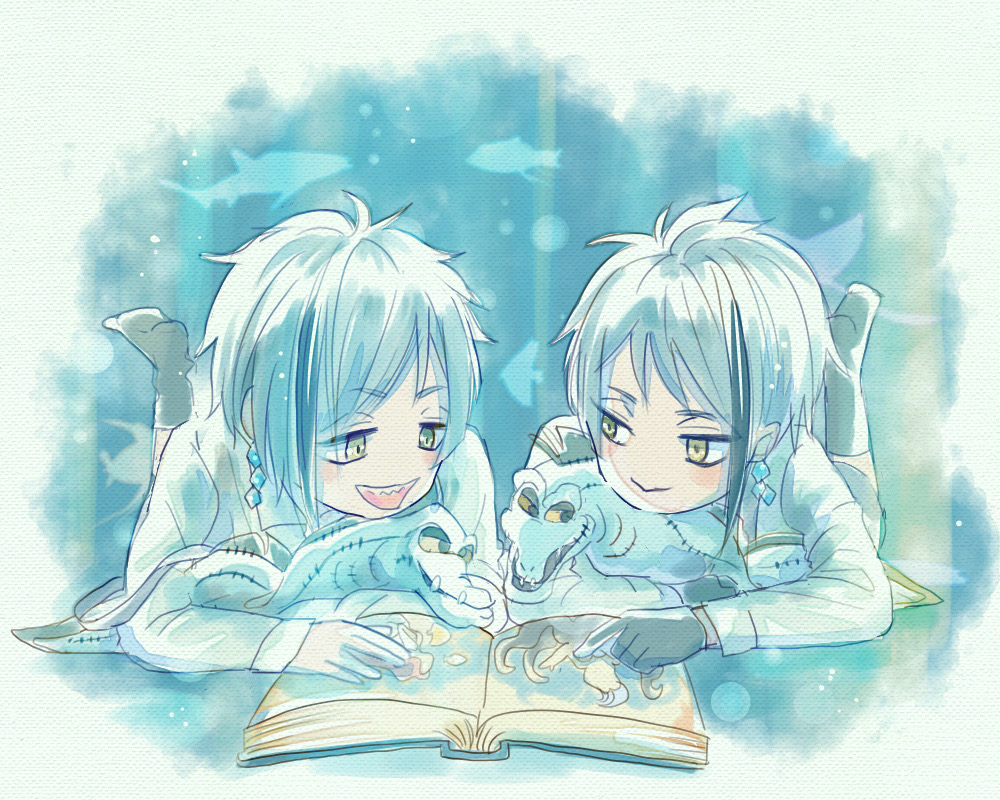 2boys aged_down ariel_(disney) blue_background blue_hair blue_theme book character_doll child commentary_request flotsam_(disney) floyd_leech full_body green_eyes heterochromia jade_leech jetsam_(disney) looking_at_another male_focus multiple_boys reading sharp_teeth short_hair siblings stuffed_animal stuffed_toy teeth the_little_mermaid_(disney) twins twisted_wonderland ursula_(disney) yellow_eyes yuuki_(yukko7474)