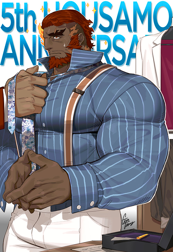 1boy anniversary artist_name bara beard biceps coat collared_shirt dark-skinned_male dark_skin facial_hair fire gomtang hephaestus_(housamo) large_pectorals male_focus manly mature_male multicolored_hair muscular muscular_arms muscular_male necktie nervous pants pectorals red_eyes red_hair shirt short_hair signature solo sweat sweatdrop thick_eyebrows tight_clothes tokyo_houkago_summoners undercut