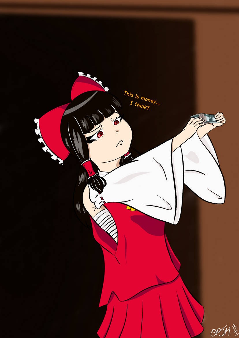 1girl afghan_afghani afghanistan confused english_text hakurei_reimu holding holding_money japanese_clothes miko money one1pixel1jump1man procreate_(medium) touhou