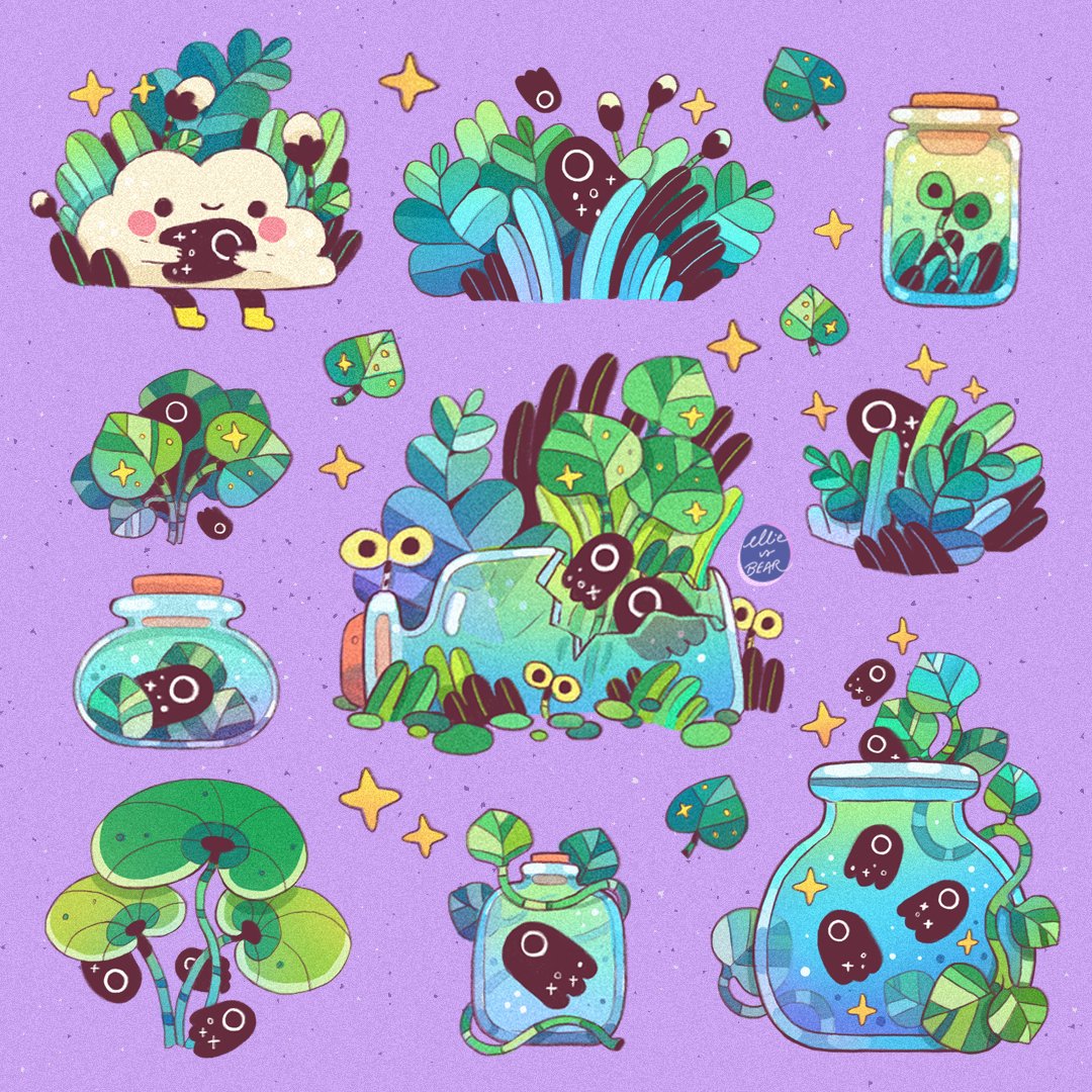 artist_name boots bottle broken_glass cloud corked_bottle ellievsbear ghost glass grass holding leaf original plant purple_background rubber_boots signature simple_background sitting solid_circle_eyes solid_eyes sparkle spirit vines yellow_boots