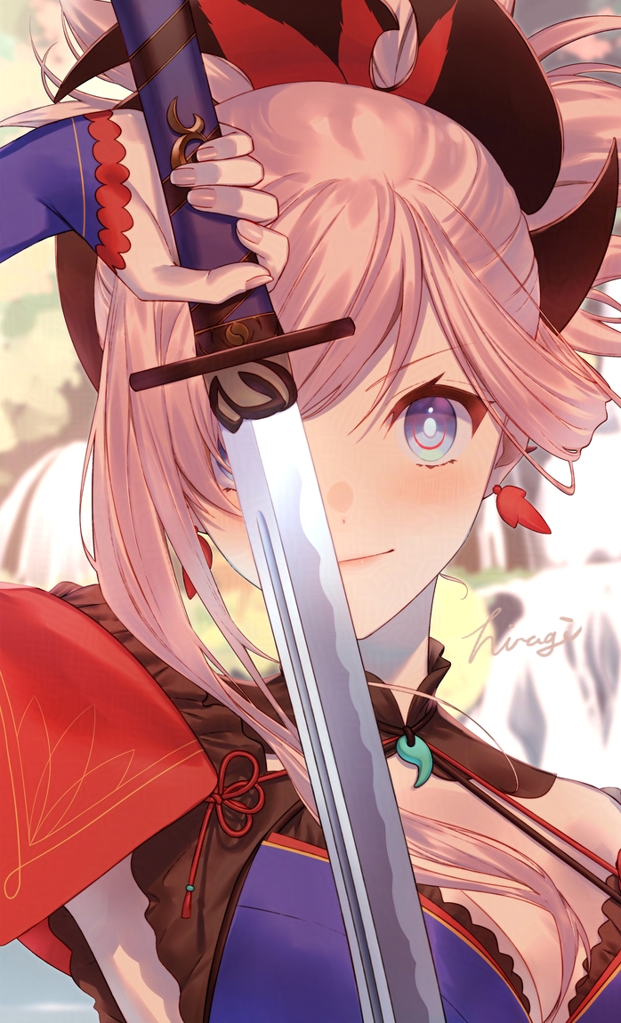 1girl blue_eyes blue_kimono blush breasts detached_sleeves earrings fate/grand_order fate_(series) hair_ornament hiiragi_(karashriker) japanese_clothes jewelry katana kimono large_breasts long_hair looking_at_viewer miyamoto_musashi_(fate) miyamoto_musashi_(third_ascension)_(fate) pink_hair ponytail sleeveless sleeveless_kimono smile solo swept_bangs sword weapon