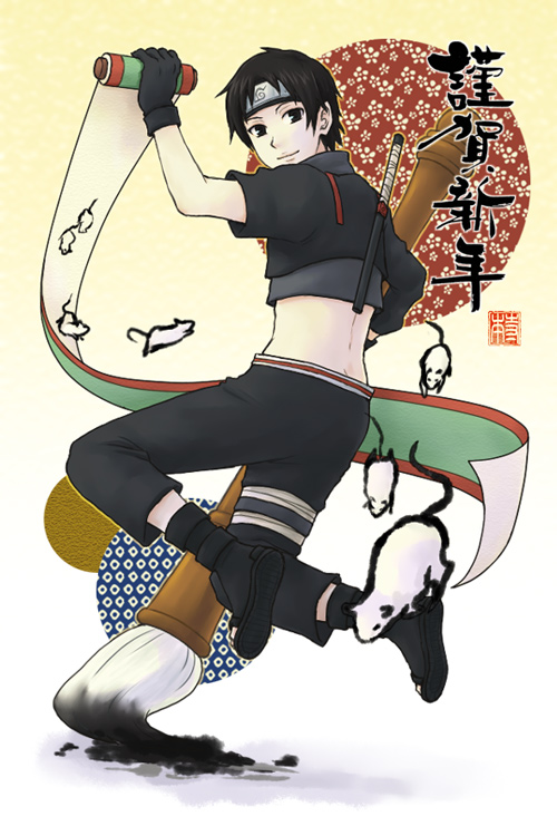 1boy black_eyes black_hair forehead_protector full_body gloves gradient_background male_focus mouse_(animal) naruto_(series) naruto_shippuuden paintbrush sai scroll smile solo teramoto_kei