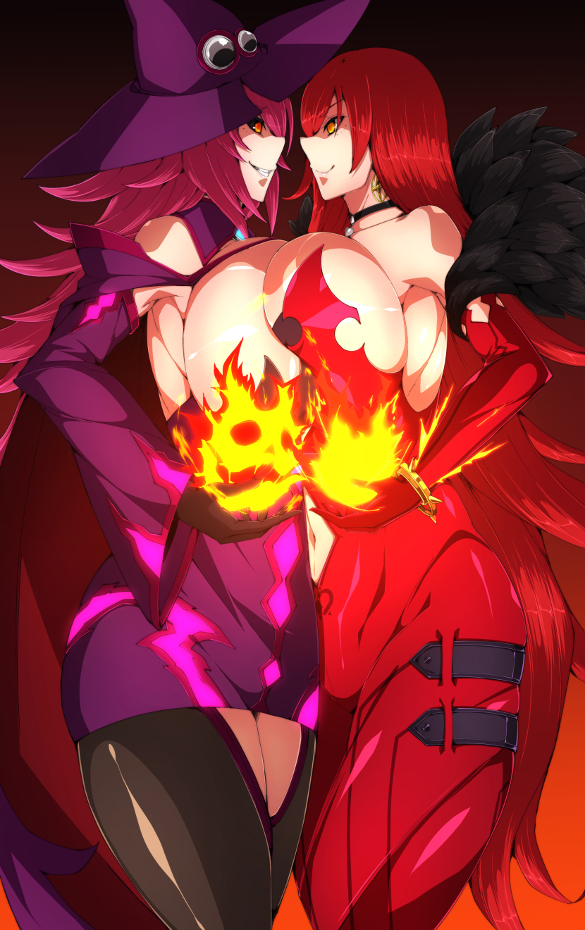 2girls action_taimanin astaroth_(taimanin_asagi) asymmetrical_docking bare_shoulders black_gloves black_sclera blazblue blazblue:_central_fiction blazblue:_cross_tag_battle blazblue_phase_0 breast_press breasts brown_collar byakkun_(byakkun8181) cape cleavage clothing_cutout collar collarbone colored_sclera commission crossover cursor curvy detached_sleeves dress earrings evil_grin evil_smile fire gloves grin hair_over_one_eye hat heart_collar highres huge_breasts jewelry konoe_a._mercury large_breasts long_dress long_hair multiple_girls navel navel_cutout pink_hair purple_cape purple_hat red_hair smile striped_clothes striped_gloves symmetrical_docking taimanin_(series) taimanin_asagi_kessen_arena taimanin_rpgx thighhighs volleyball_net witch witch_hat yellow_eyes yuri