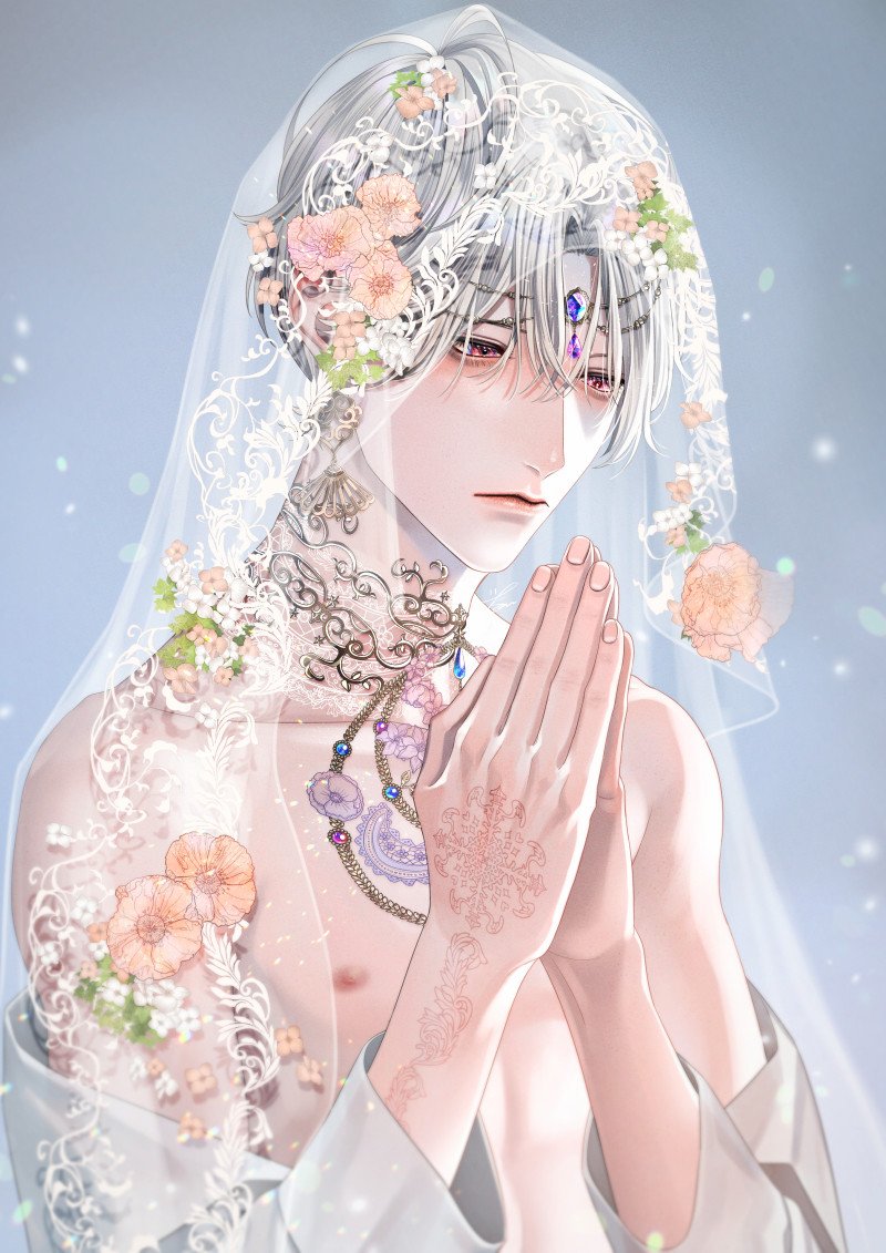 1boy blouse floral_print flower grey_hair hair_ornament jewelry kurakichi36 necklace original praying red_eyes shirt short_hair solo tatto tattoo veil white_shirt