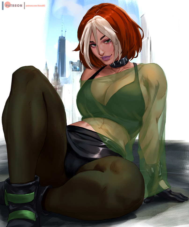 1girl ankle_boots black_boots black_bra black_gloves black_panties black_pantyhose black_skirt boots bra bracelet breasts brown_hair cleavage commentary english_commentary gloves green_eyes green_shirt hair_between_eyes jewelry large_breasts leg_up looking_at_viewer making-of_available marvel miniskirt multicolored_hair paid_reward_available panties panties_over_pantyhose pantyhose pantyshot purple_lips rejean_dubois rogue_(x-men) see-through_clothes see-through_shirt shirt short_hair sitting skirt solo studded_bracelet studded_choker two-tone_hair underwear upskirt white_hair x-men x-men_evolution