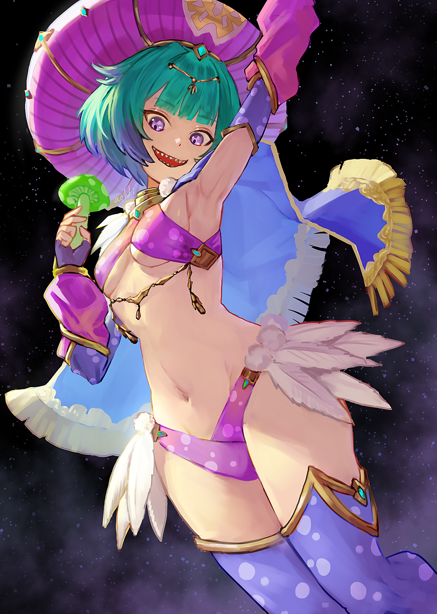 1girl arm_up artist_name blue_cape blue_thighhighs breasts cape detached_sleeves fate/grand_order fate_(series) fingerless_gloves gloves green_hair hat highres locusta_(fate) locusta_(third_ascension)_(fate) mushroom navel purple_eyes sharp_teeth small_breasts smile teeth thighhighs waterstaring