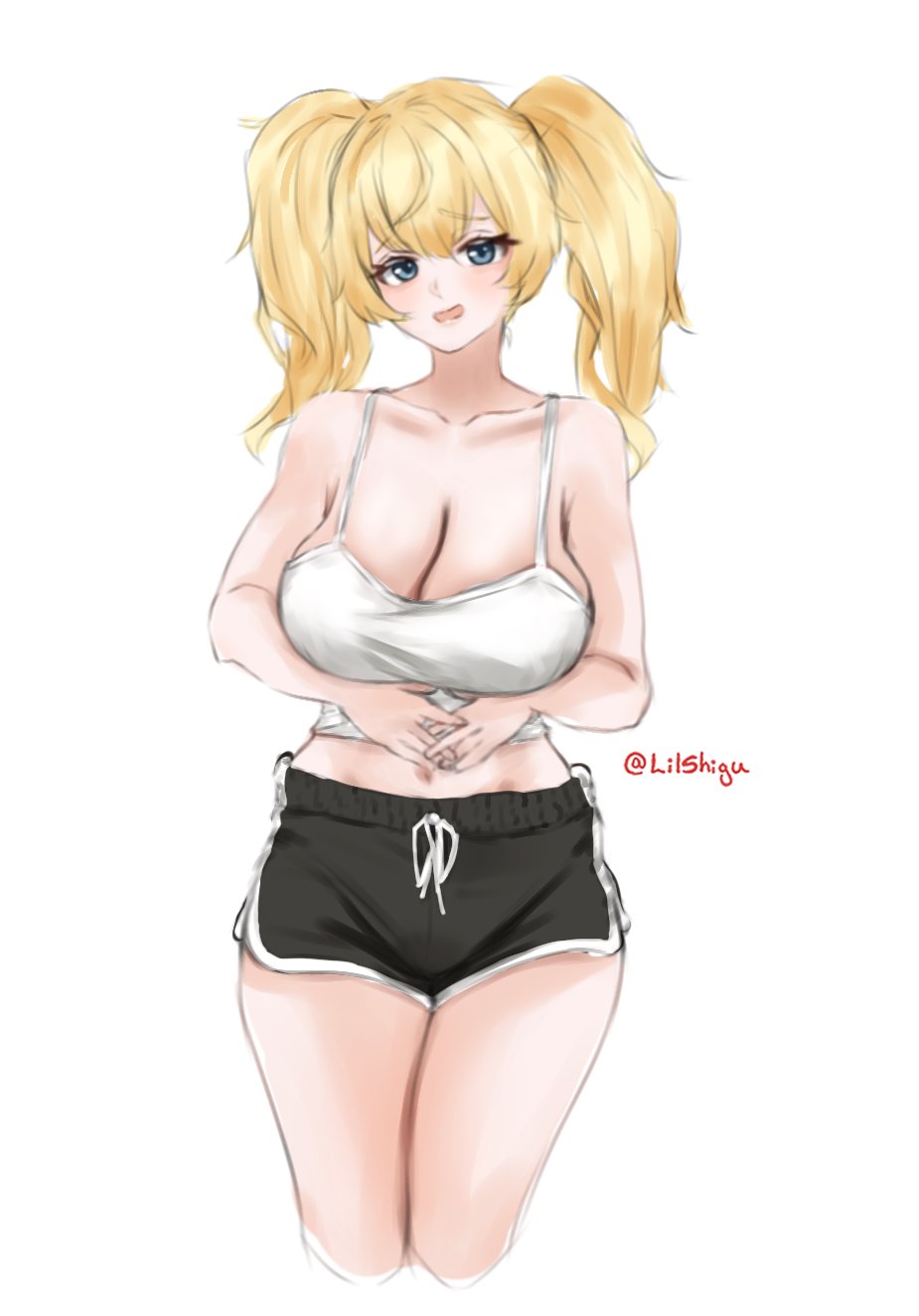 1girl alternate_costume black_shorts blonde_hair blue_eyes breasts cleavage dolphin_shorts gambier_bay_(kancolle) highres kantai_collection large_breasts lilshigu long_hair one-hour_drawing_challenge shorts simple_background solo tank_top twintails twitter_username white_background white_tank_top
