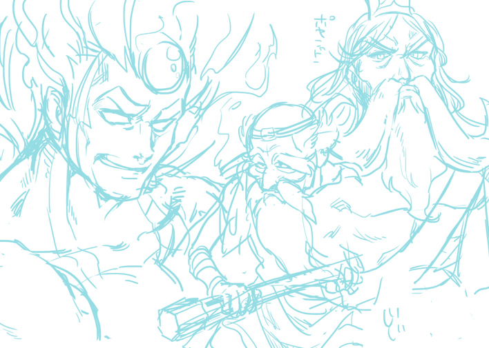 3boys balding beard dyntos facial_hair forehead_jewel grin kid_icarus kid_icarus_uprising male_focus mature_male monster_boy multiple_boys mustache nintendo no_pupils old old_man poseidon_(kid_icarus) pyrrhon sketch smile smirk suno_(imydream) v-shaped_eyebrows