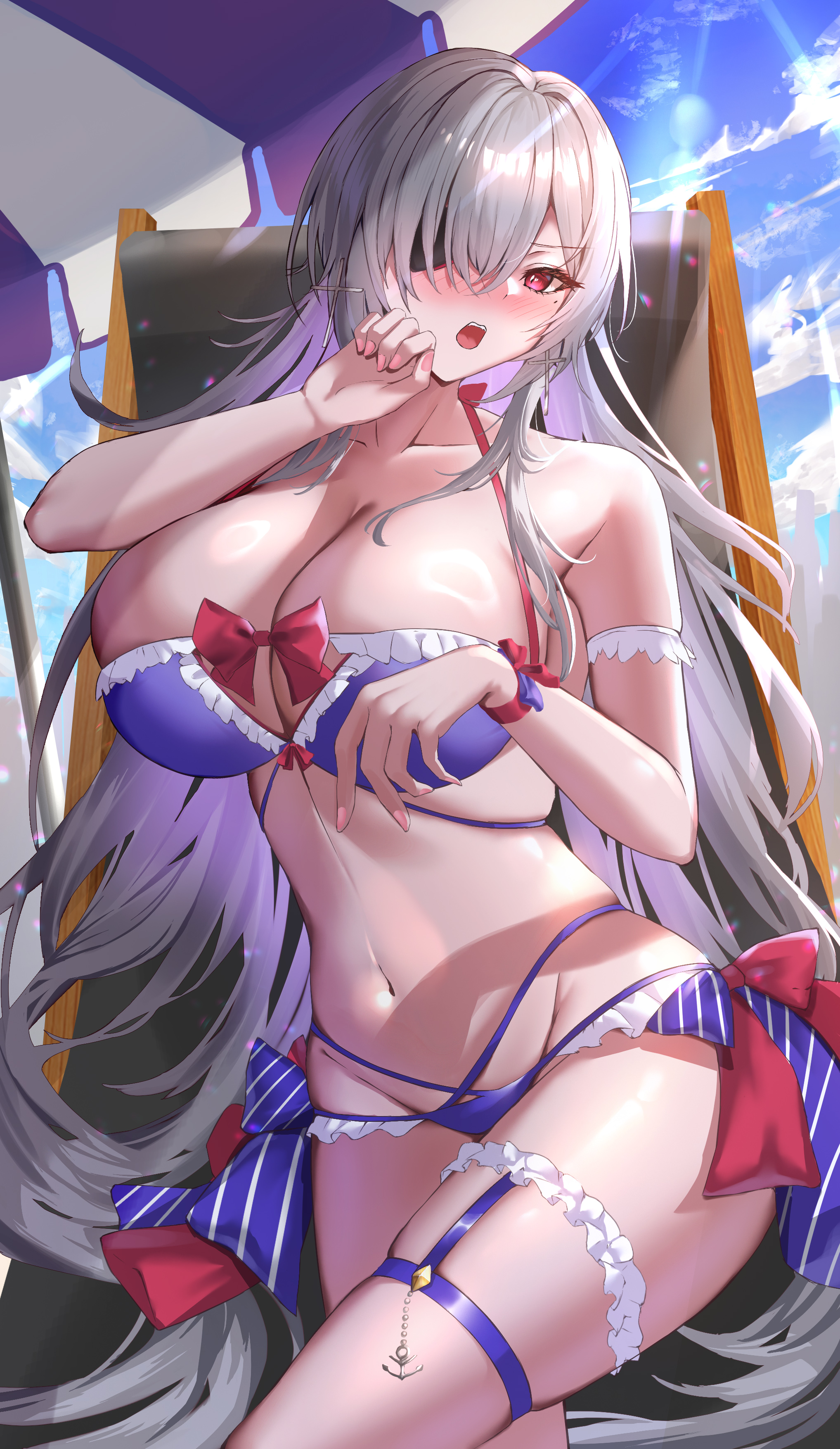 1girl absurdres alternate_headwear azur_lane beach_umbrella bikini blush bow bow_bikini breasts cleavage collarbone commentary_request day eyepatch frilled_bikini frills fritz_rumey_(azur_lane) grey_hair highres huge_breasts kirisamede_gzr linea_alba long_hair looking_at_viewer mole mole_under_eye multi-strapped_bikini_bottom nail_polish navel open_mouth outdoors pink_eyes purple_bikini sky sunlight swimsuit thigh_strap thighs umbrella very_long_hair