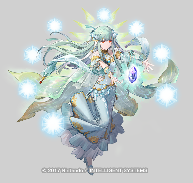 1girl aqua_hair azu-taro breasts cape closed_mouth copyright_notice dress fire_emblem fire_emblem:_the_blazing_blade fire_emblem_heroes floating floating_object full_body glowing gold_trim gradient_clothes leg_up long_dress long_hair long_skirt medium_breasts mermaid_dress ninian_(fire_emblem) ninian_(ice-dragon_oracle)_(fire_emblem) nintendo official_art pale_skin red_eyes see-through_clothes serious shoes skirt snowflake_print solo