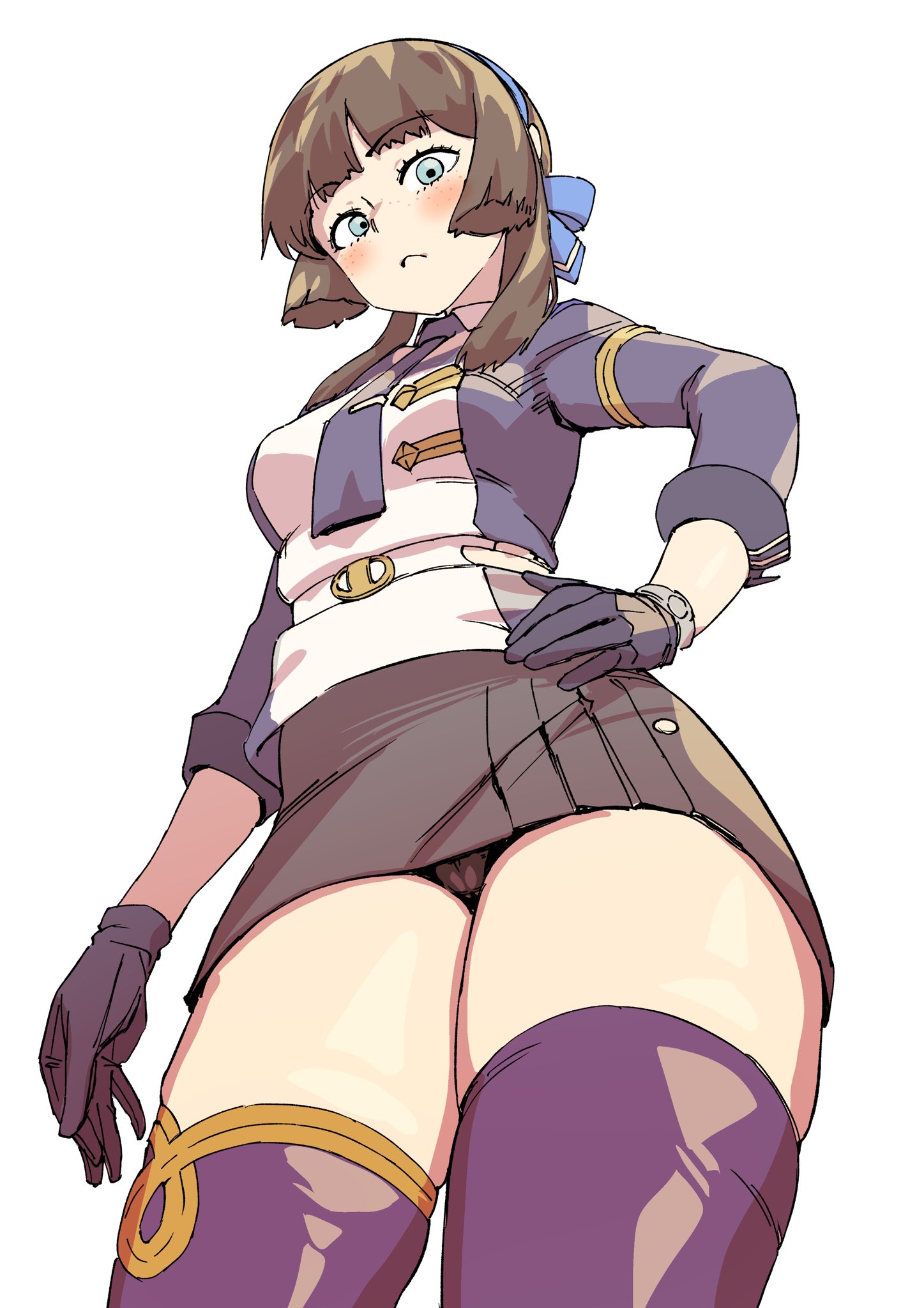 1girl asava_(hutaitenn) black_gloves black_hair black_panties black_skirt blue_hairband blue_jacket blue_necktie blue_ribbon blue_thighhighs blunt_sidelocks dress freckles from_below gloves green_eyes hair_ribbon hairband hand_on_own_hip highres jacket kantai_collection long_hair looking_at_viewer military_uniform mogador_(kancolle) multicolored_jacket necktie panties pleated_dress ribbon simple_background skirt solo thighhighs tie_clip two-tone_jacket underwear white_background