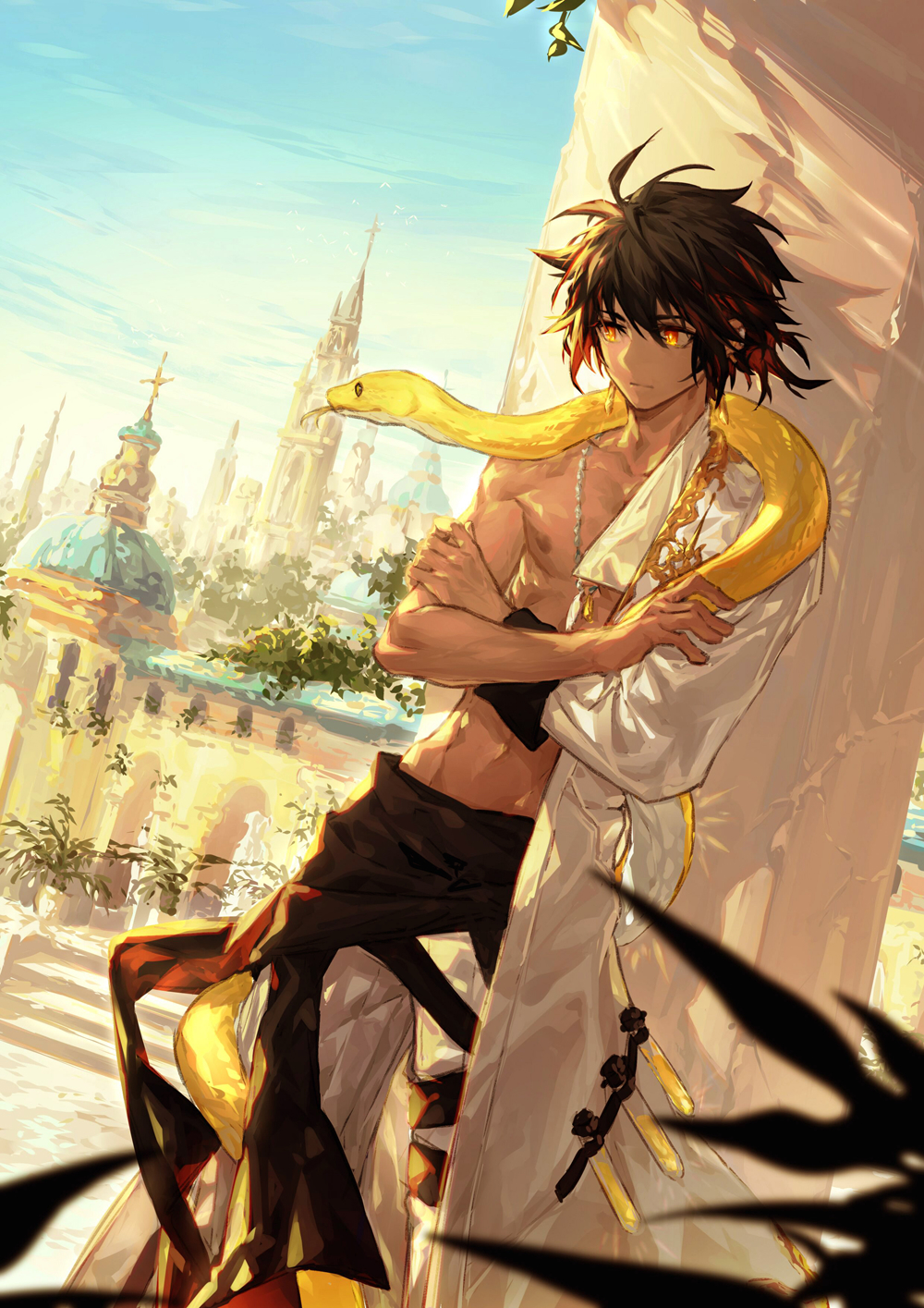 1boy abs arknights arsh_(thestarwish) blue_sky chinese_commentary closed_mouth coat coat_partially_removed commentary_request dark-skinned_male dark_skin forked_tongue highres jewelry looking_down male_focus necklace nipples pants pectorals sky snake snake_on_shoulder thorns_(arknights) toned toned_male tongue white_coat white_pants