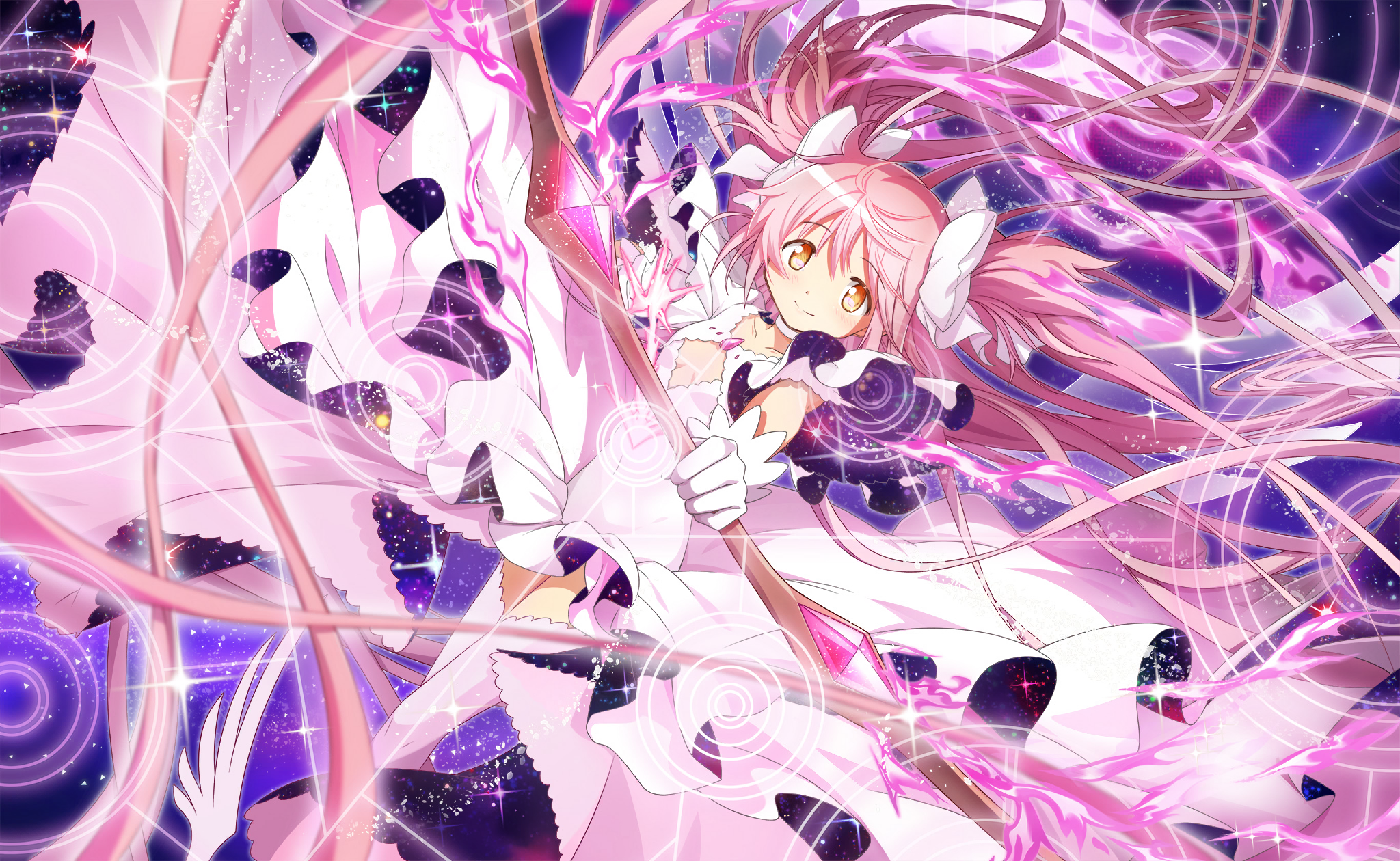 1girl absurdly_long_hair aiming artist_request bow bow_(weapon) breasts chest_jewel choker cleavage cleavage_cutout closed_mouth clothing_cutout collarbone diamond_cutout dot_nose dress dutch_angle feet_out_of_frame fire floating_clothes floating_hair frilled_sleeves frills game_cg hair_between_eyes hair_bow happy highres holding holding_bow_(weapon) holding_weapon kaname_madoka light_blush light_particles long_dress long_hair looking_at_viewer magic_circle mahou_shoujo_madoka_magica mahou_shoujo_madoka_magica_magia_exedra official_art pink_fire pink_gemstone pink_hair pink_thighhighs pleated_sleeves pyrokinesis short_sleeves smile solo space space_print starry_sky_print tareme thighhighs two-sided_dress two-sided_fabric two_side_up ultimate_madoka very_long_hair weapon white_bow white_choker wide_sleeves yellow_eyes