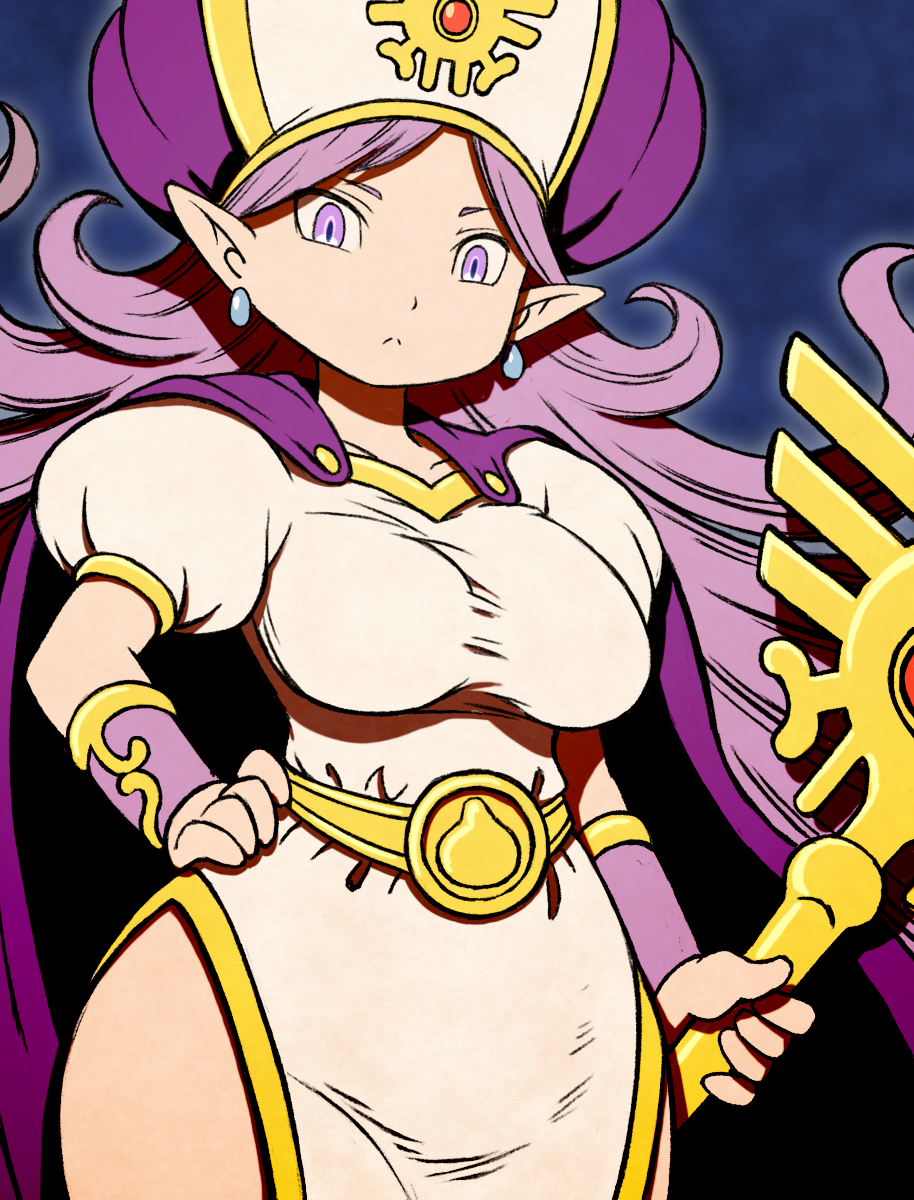 1girl beeru_(veil8801) breasts cape closed_mouth commentary dragon_quest dragon_quest_monsters dress earrings frown hat highres holding holding_staff jewelry large_breasts long_hair magarugi parted_bangs pelvic_curtain pointy_ears puffy_short_sleeves puffy_sleeves purple_cape purple_eyes purple_hair purple_hat short_sleeves side_slit solo split_mouth staff taut_clothes taut_dress two-tone_hat white_dress white_hat
