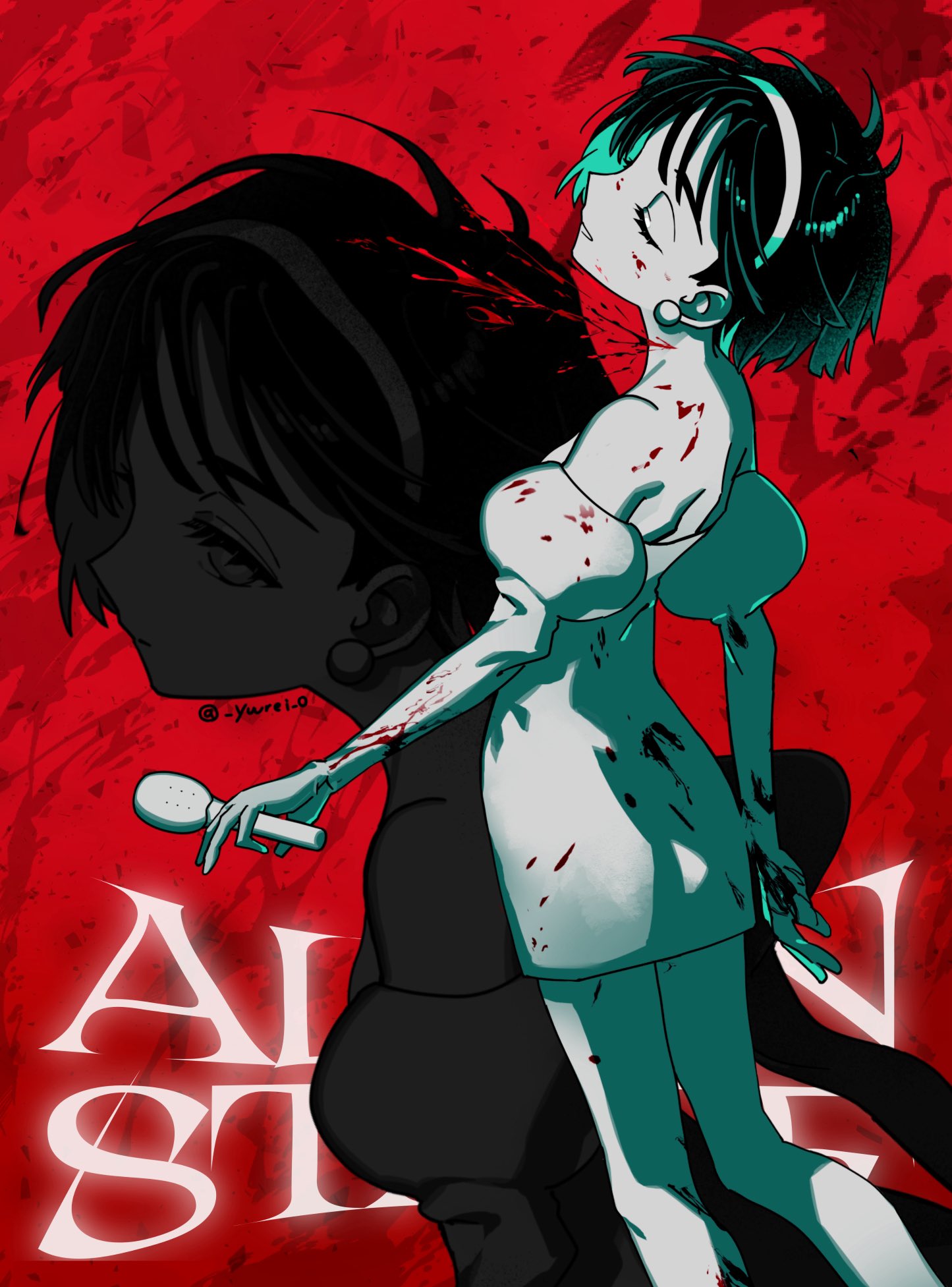 1girl alien_stage blood blood_from_neck blood_on_clothes blood_spray bob_cut closed_eyes commentary copyright_name dress earrings english_commentary english_text hairband highres holding holding_microphone jewelry juliet_sleeves long_sleeves microphone off-shoulder_dress off_shoulder puffy_sleeves red_background short_hair sphere_earrings sua_(alien_stage) yuurei_(0530sinsatona)