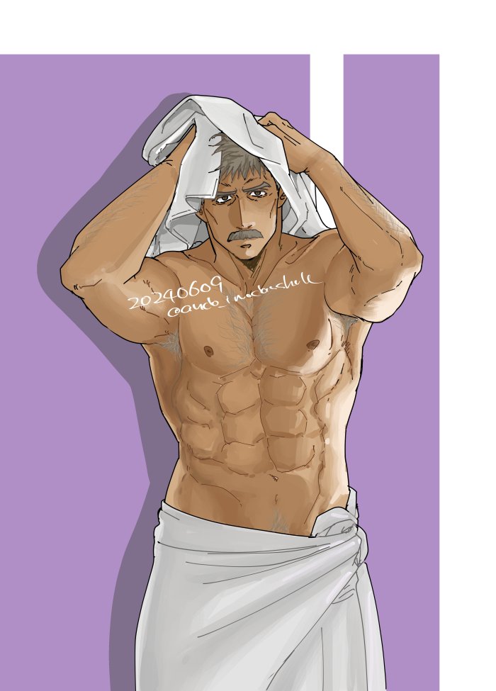 1boy abs ando_imodanshak arm_hair armpit_hair armpits arms_up bara body_hair chest_hair dark-skinned_male dark_skin dated drying drying_hair drying_own_hair facial_hair grey_hair looking_at_viewer male_focus mature_male muscular muscular_male mustache nipples pectorals short_hair simple_background thomas_j._prahmman towel towel_around_waist twitter_username upper_body yuuki_bakuhatsu_bang_bravern