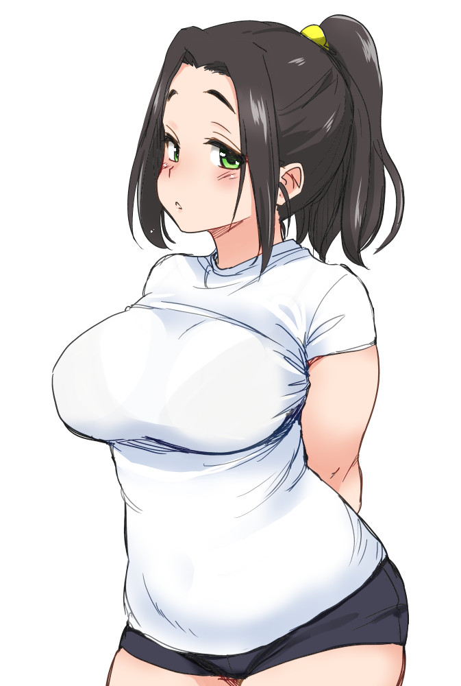 1girl arms_behind_back black_hair black_shorts blush bra_visible_through_clothes breasts cowboy_shot ebihara_naho green_eyes hair_tie hijiri_tsukasa idolmaster idolmaster_cinderella_girls idolmaster_cinderella_girls_starlight_stage large_breasts long_hair looking_at_viewer parted_lips ponytail shirt short_sleeves shorts simple_background solo standing thick_eyebrows white_background white_shirt