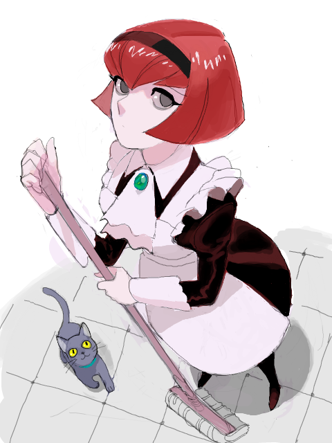 1girl apron ascot black_dress black_eyes black_hairband black_pantyhose cat dress from_above gakudou_(rom3boom) grey_cat hairband holding holding_mop juliet_sleeves long_sleeves looking_at_viewer mop pantyhose puffy_sleeves r_dorothy_wayneright red_hair short_hair solo the_big_o white_apron white_ascot