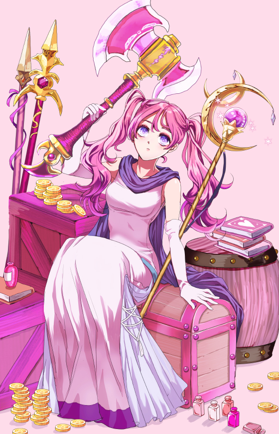 1girl axe book book_stack coin cute_weapon dress elbow_gloves fire_emblem fire_emblem:_the_blazing_blade gloves gold_coin lance nintendo pink_hair polearm purple_eyes purple_scarf scarf serra_(fire_emblem) staff treasure_chest tsuko_(25mnts) twintails weapon white_dress white_gloves