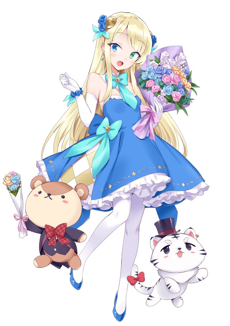 1girl bare_shoulders blonde_hair blue_dress blue_eyes blush bow dress full_body gloves green_eyes hair_between_eyes hair_ornament heterochromia holding isekai_wa_smartphone_to_tomo_ni. kohaku_(isekai_wa_smartphone_to_tomo_ni.) long_hair looking_at_viewer open_mouth paula_(isekai_wa_smartphone_to_tomo_ni.) princess simple_background skirt smile socks solo thighhighs tiger usatsuka_eiji very_long_hair white_background white_tiger yumina_elnea_belfast